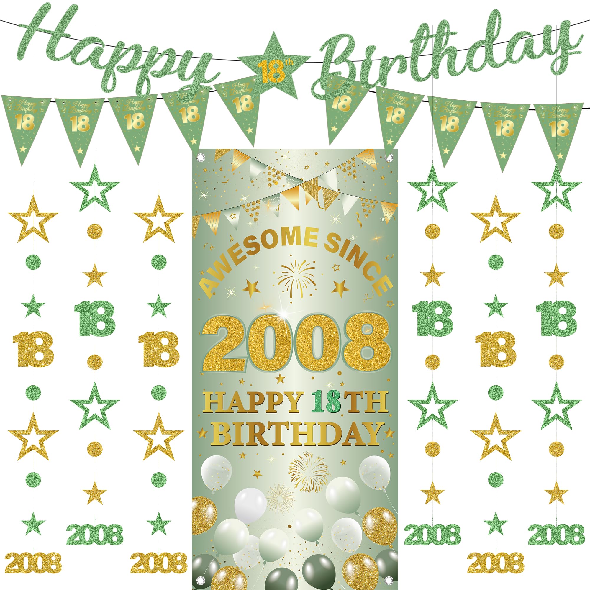18th Birthday Decorations Girls Banners - 9 Pcs Green Gold Happy Birthday Banner Awesome Since 2008 Curtain Twinkle Star Dot Hanging Streamer Pennant for Girl 18 Years Old Party Wall Decor Supplies