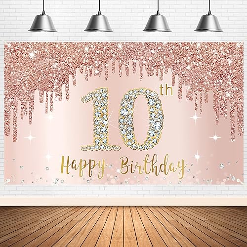 Cartel de 10 cumpleaños de 10 años para niñas, suministros de cartel de fiesta de cumpleaños de oro rosa 10, póster de cumpleaños rosa de 10 años,