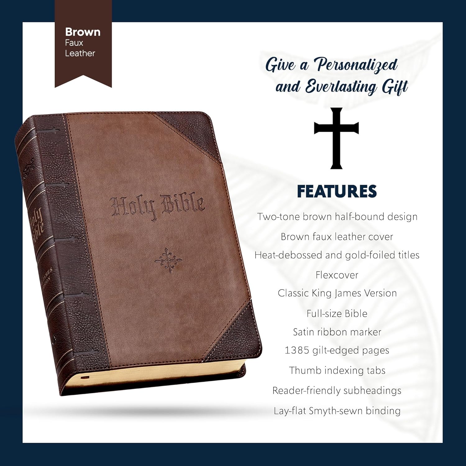 Personalized KJV Two-Tone Large Holy Bible Brown Faux Leather King James Version Giant Print Size with Index Tabs | Custom with Name, Date or Text | Gift for Christian & Religious Celebrations