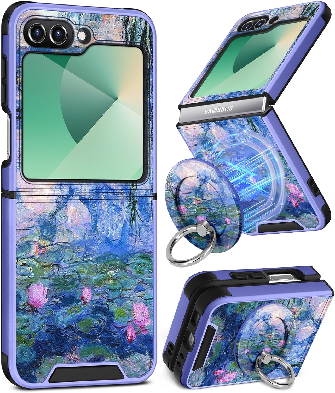 Buleens for Samsung Galaxy Z Flip 6 Case - with Ring Stand & Camera Cover Aesthetic Cute Designed Women Girl Girly Pretty Kawaii Blue Water Lily for Galaxy Z Flip 6 Phone Case Compatible with Magsafe Blue Water Lily for Samsung Galaxy Z Flip 6