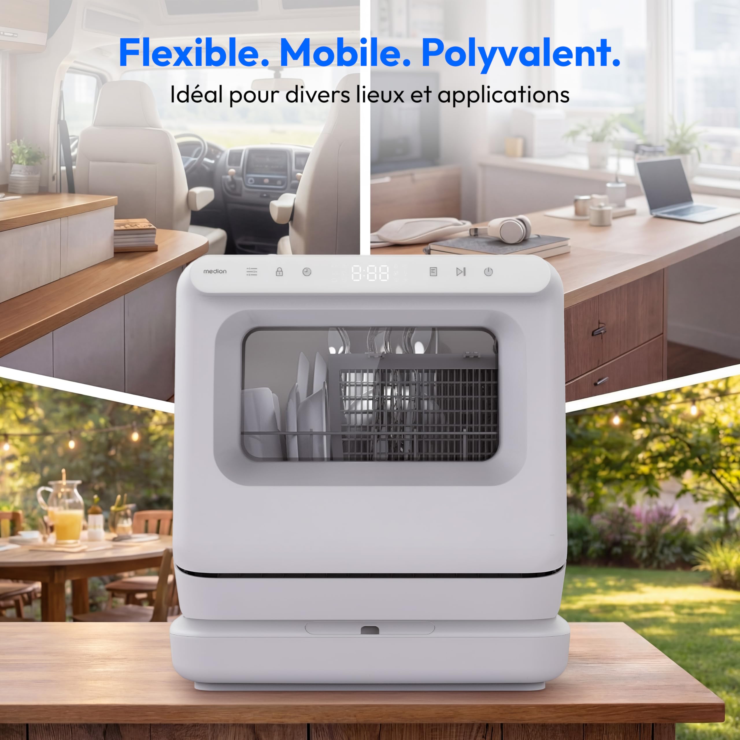 MEDION Mini Lave Vaisselle DWT30, 3 Couverts, Lave Vaisselle de Table, fonctionne avec ou sans raccordement d’eau, 6 Programmes, Lumière UV, Séchage par Ventilation, Écran Tactile, pose libre,