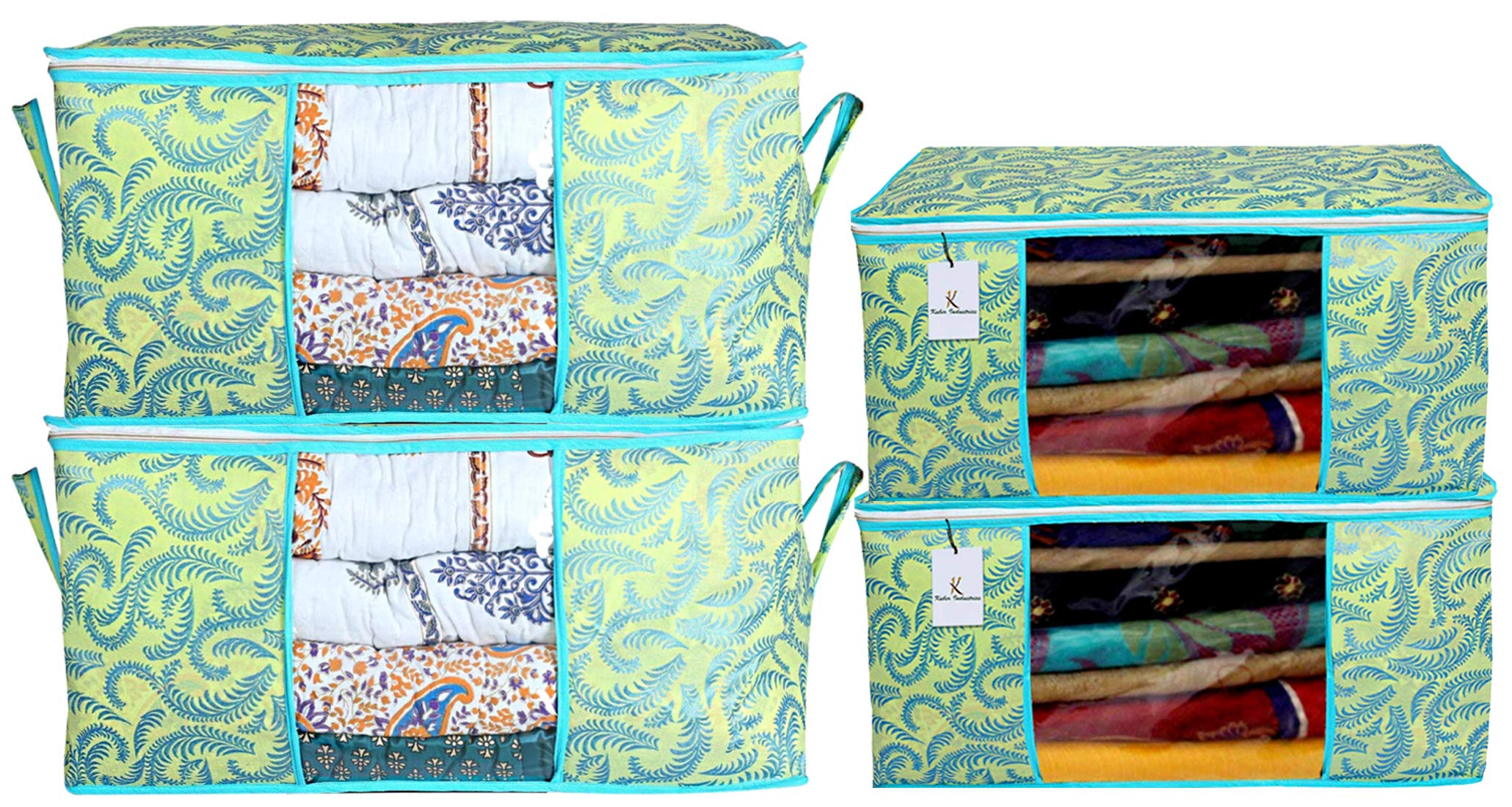 Kuber Industries Metallic Printed Non Woven 2 Pieces Saree Cover and 2 Pieces Underbed Storage Bag, Cloth Organizer for Storage, Blanket Cover Combo Set (Green) -CTKTC038524