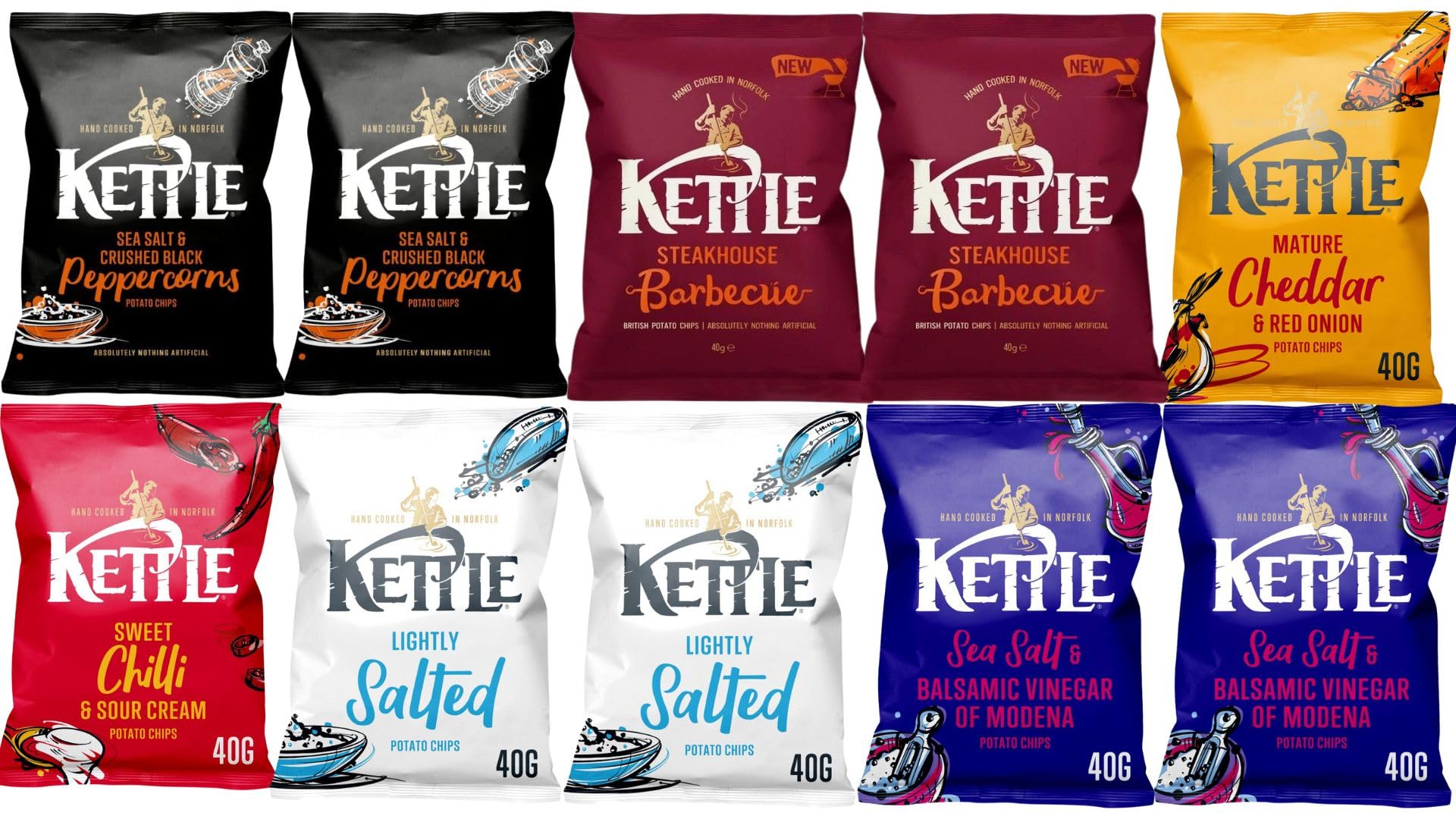 Kettle Crisps, The Best Crisps multipack - 10 Assorted 40g the likes of sweet chilli crisps, Salt and Vinegar Crisps, BBQ Crisps, Delicious Salted Crisps & more, the Perfect Snack for every Occasion