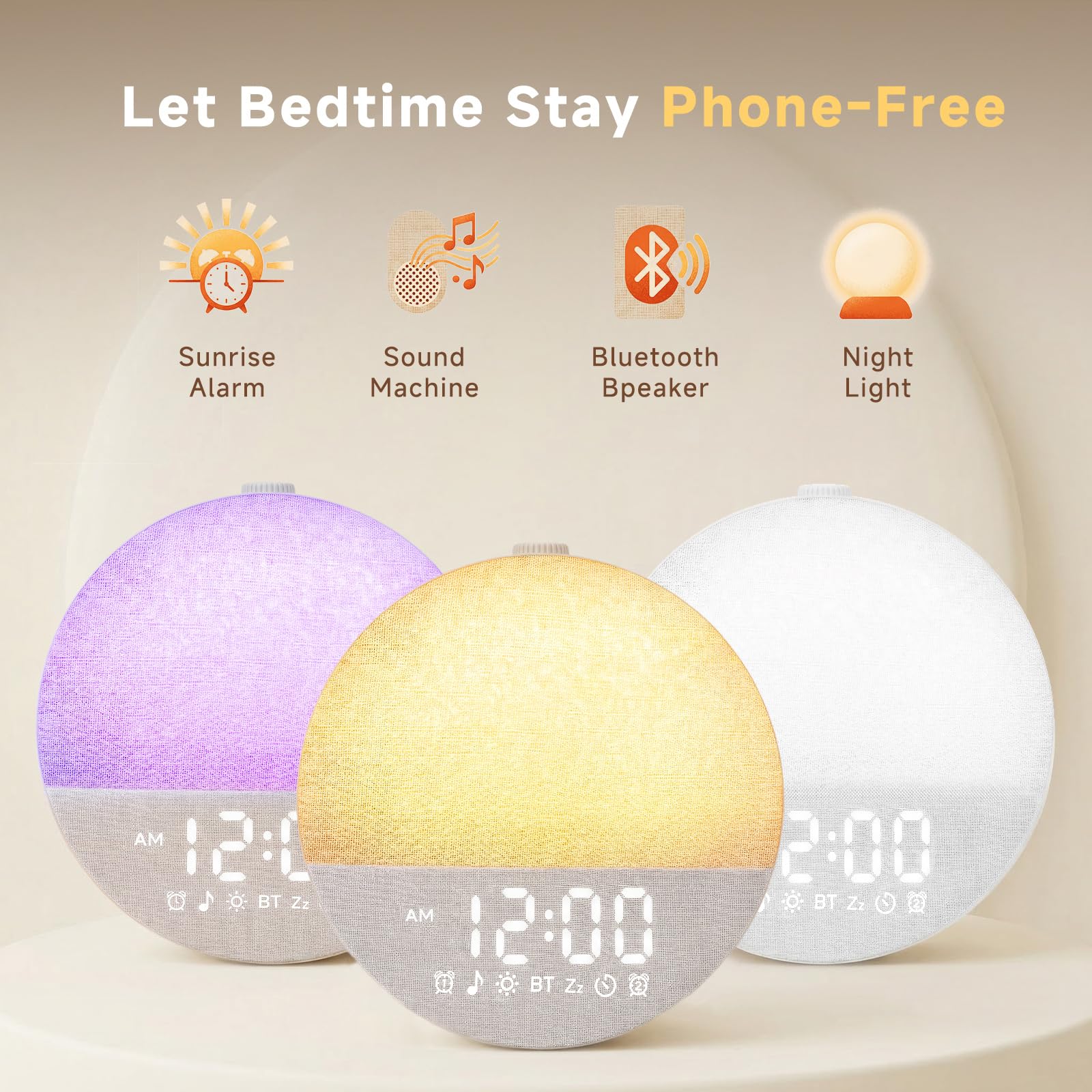 Geuuap Sonnenaufgangswecker mit weißem Rauschen | Natürliches Aufwachlicht für Schlafzimmer mit 30 beruhigenden Einschlafhilfen, Bluetooth-Lautsprecher, dimmbare Uhr, bildschirmfreies Design für Babys