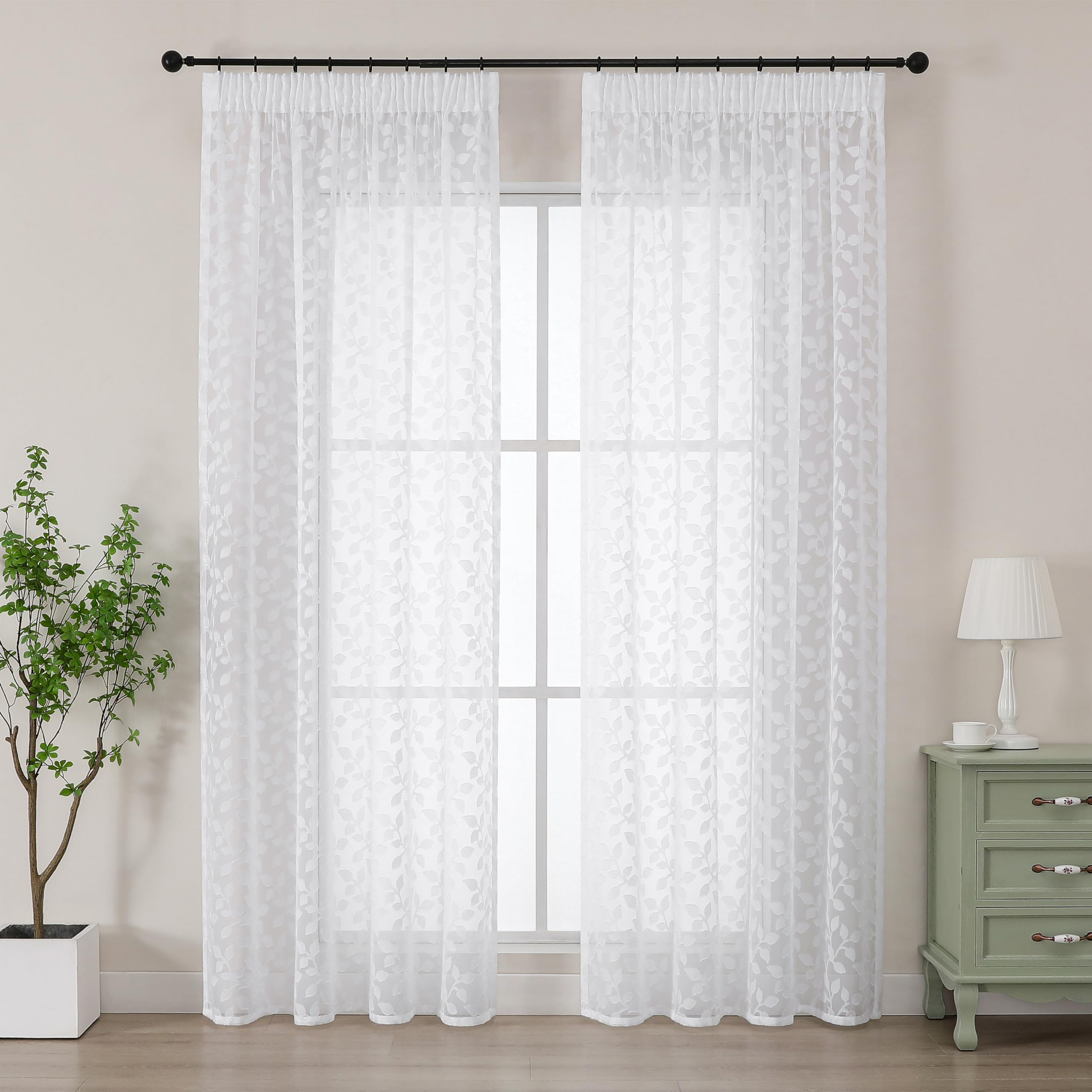 Simplebrand Charlton Leaf Extra Long Voile Curtains 2 Panels W140 x L245cm, White Pencil Pleat Drapes, Clip Jacquard Semi-Sheer Curtains for Patio Sliding Doors Large Windows Home Decor โ image 1
