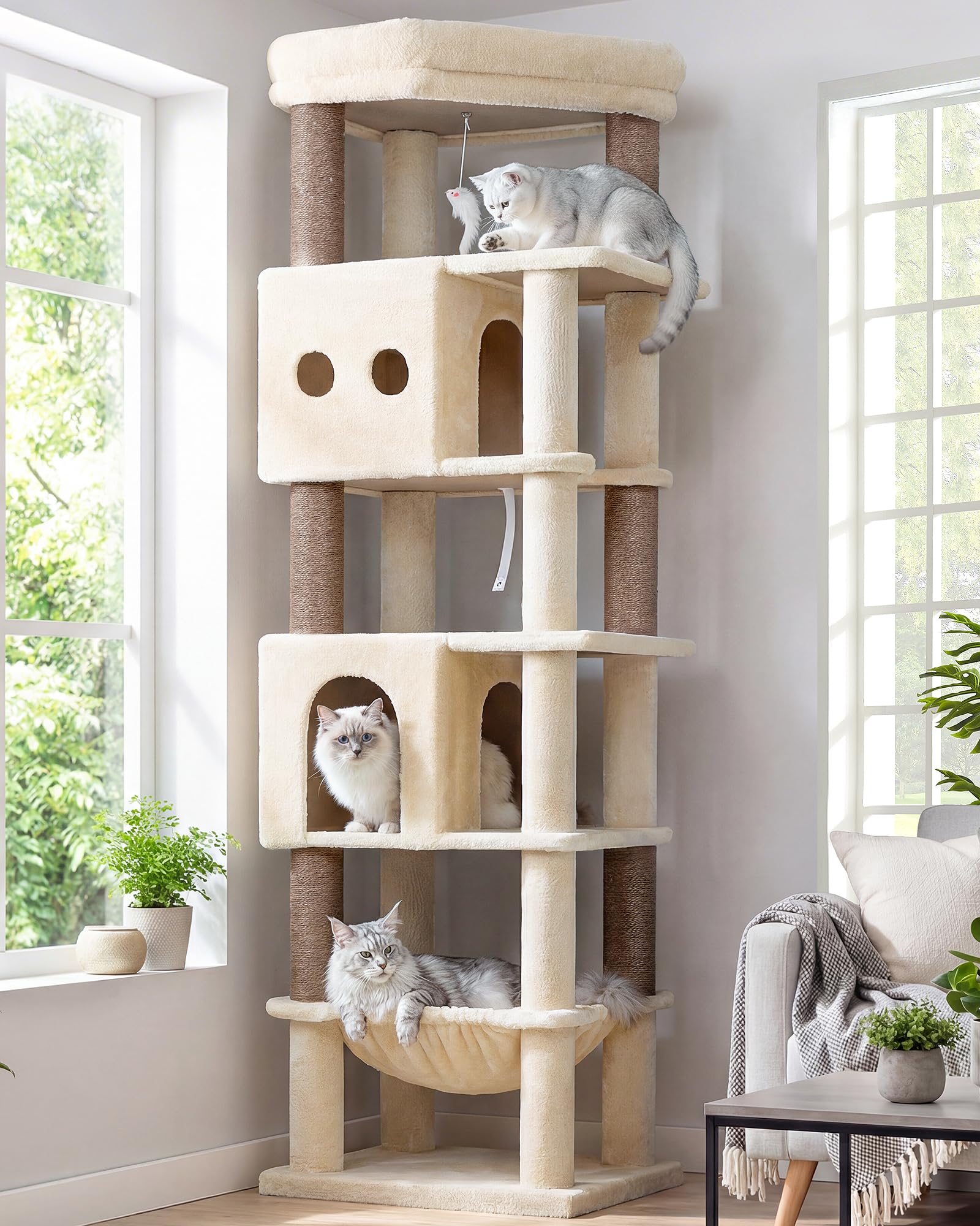 Globlazer キャットタワー ベージュ 大型猫用 省スペース 隅に置く 猫タワー 取り外し可能なクッション付きの展望台 2つ広々としたの猫ハウス 特大のハンモック 厚くなったベースプレート 6つ天然麻紐爪とぎ ぬいぐるみのネズミ2個 転倒しにくい 安定 頑丈 人気 据え置き 猫タワー 付き登りやすく 運動ニーズに対応 高さ173cm ベージュ F67