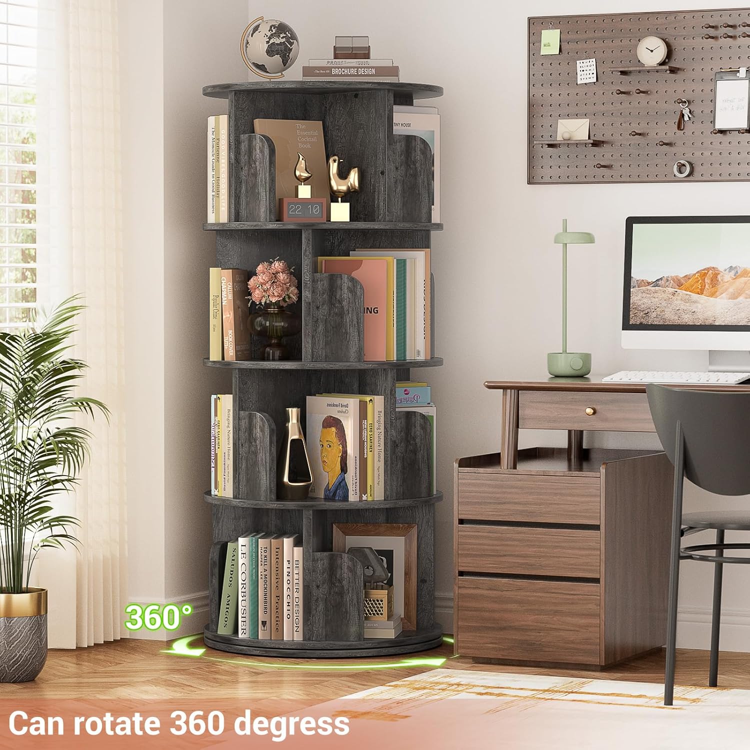 Rotating Bookshelf, Wood Corner Bookshelf, 360 Display Spinning Bookcase Storage Rack, 4 Tier Floor Standing Revolving Bookcase Narrow Book Shelf Organizer for Small Space, Bedroom, Grey Oak