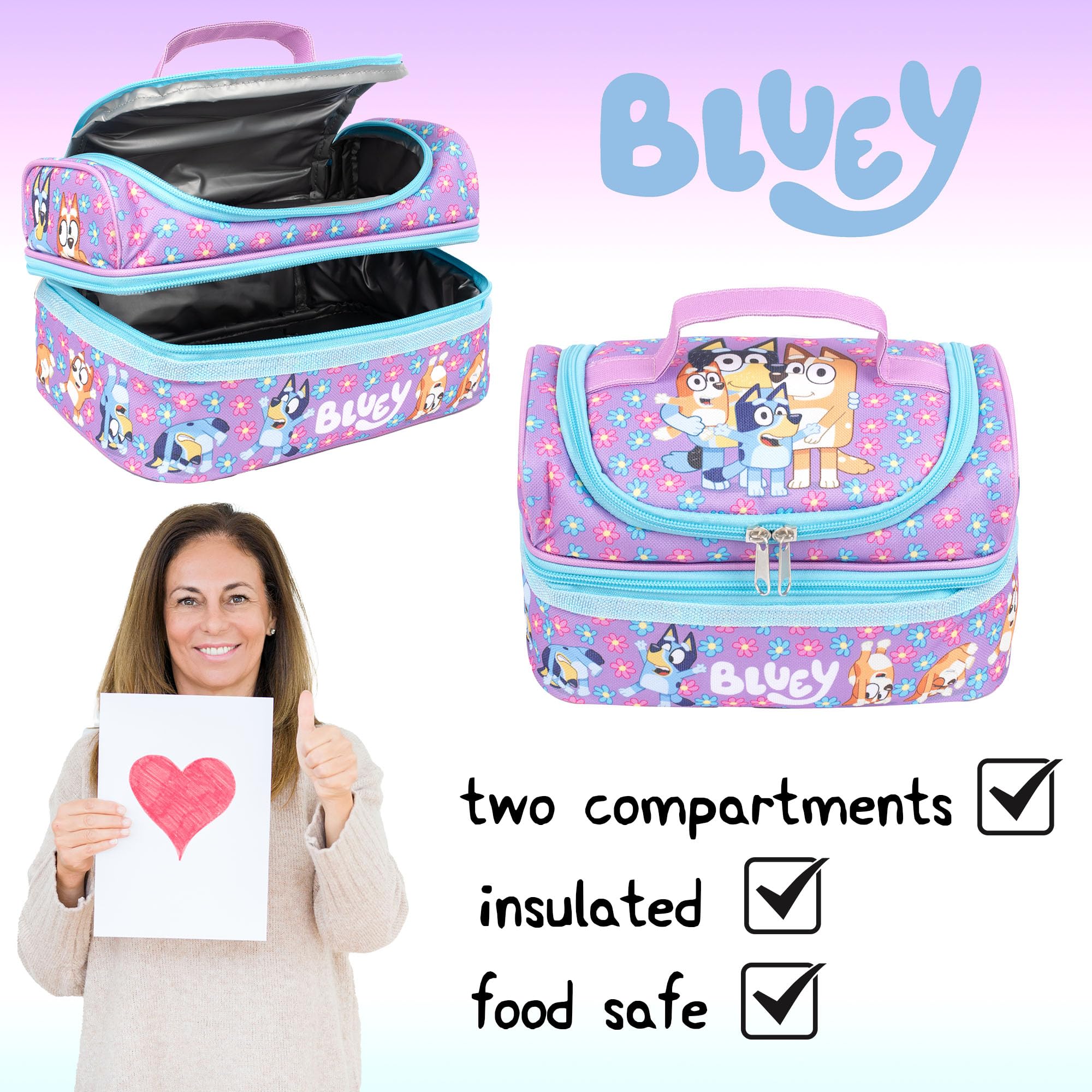 Bluey - Borsa per il pranzo per la scuola per bambini - Borsa per snack multi-scomparto per ragazze e ragazzi - Isolamento termico e grande capacità - Viola