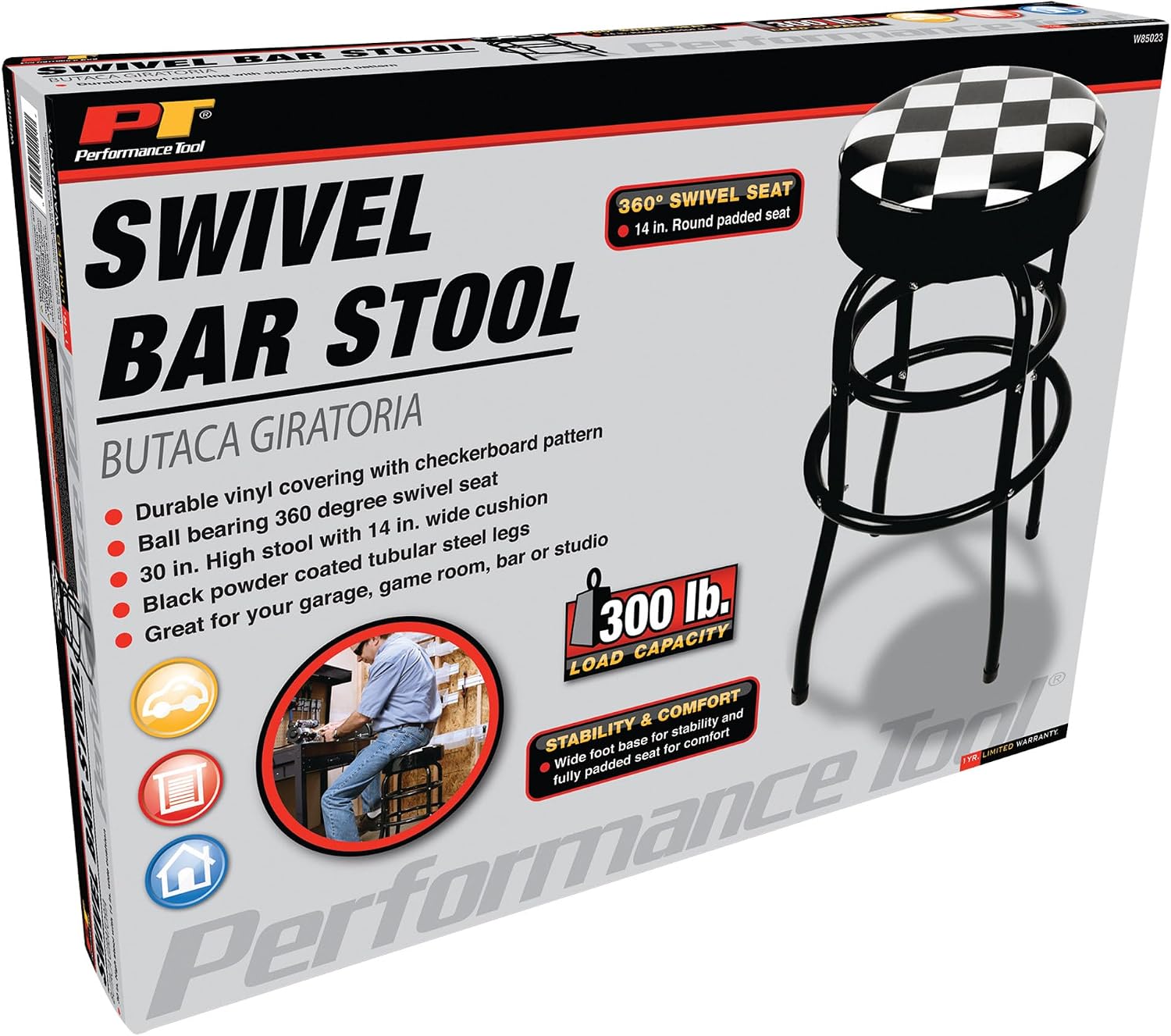 Performance Tool W85023 28-1/2-Inch Checkerboard 360 Degree Swivel Stool, Heavy Duty Steel Frame Is Perfect for Home, Bar and Shop