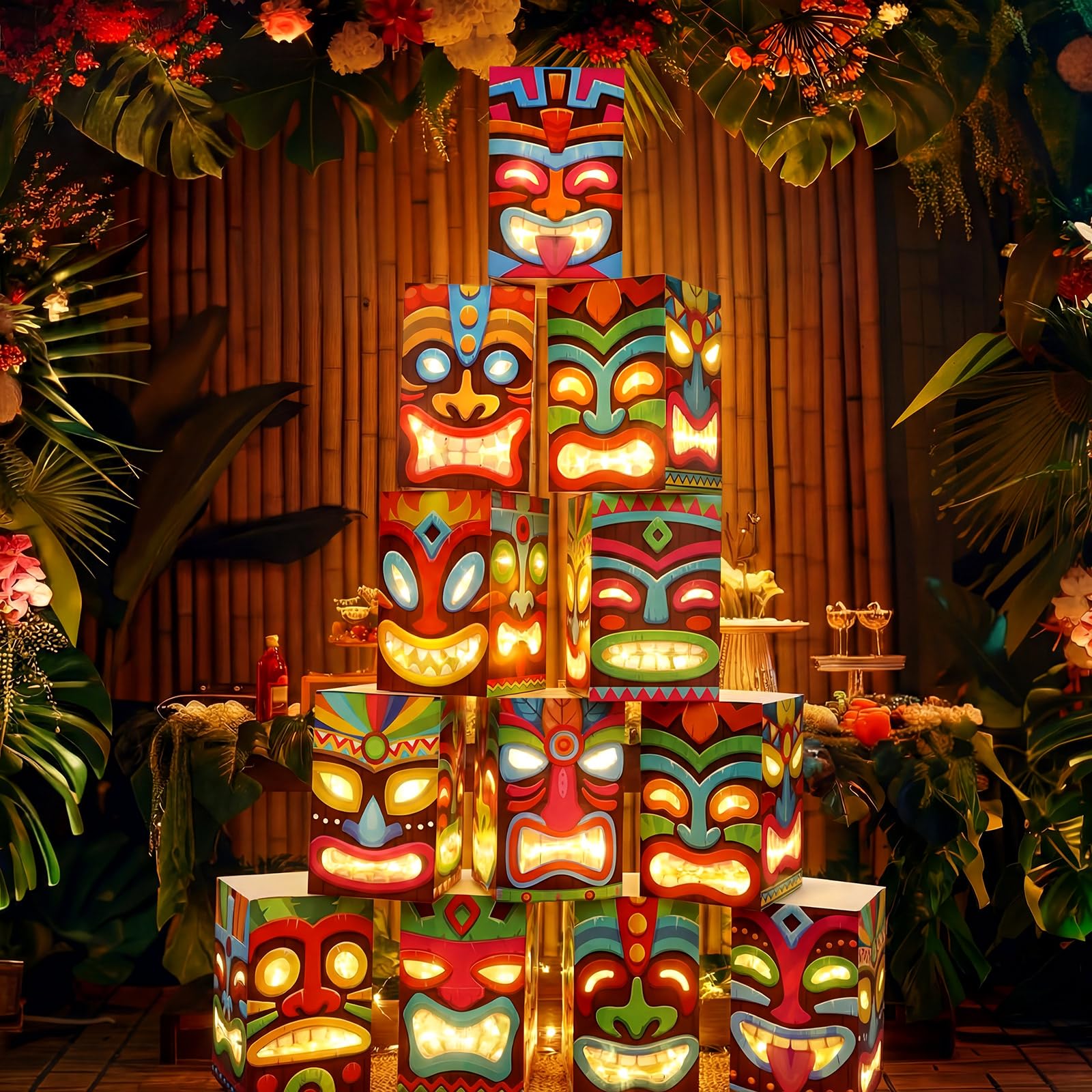 Décorations de fête tropicale haut de gamme avec boîtes totem lumineuses Fourluoo