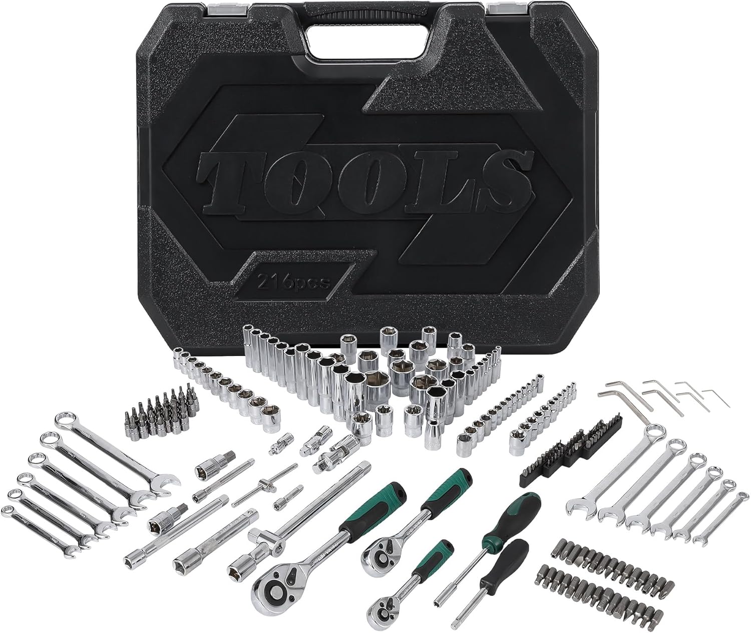 Juego de Herramientas Mecánicas de 216 Piezas, Juego de Llaves de Dados 1/4" 3/8" 1/2", Trinquete de 72 Dientes en Estuche