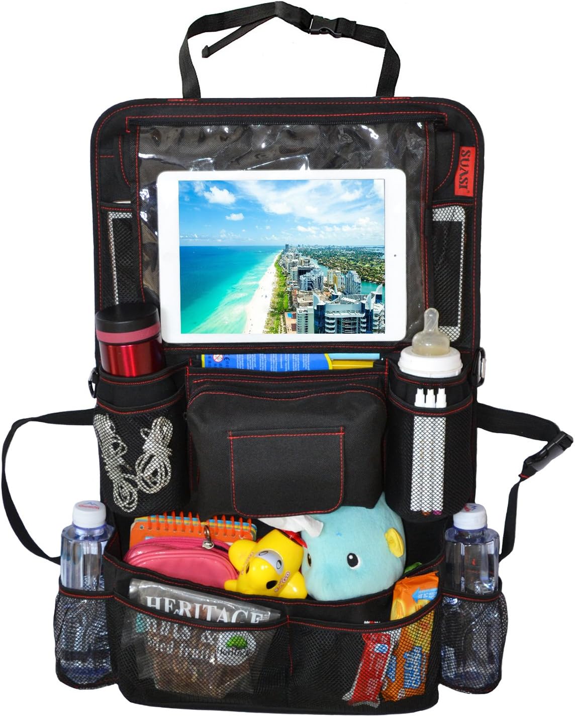 SUASI Car BackSeat Organizer for Baby Kids with Ipad Holder Foldable for Stroller Organizer with Tablet DVD Holder Wet Wipes Kids Toy Storage,15pockets Great for Trave