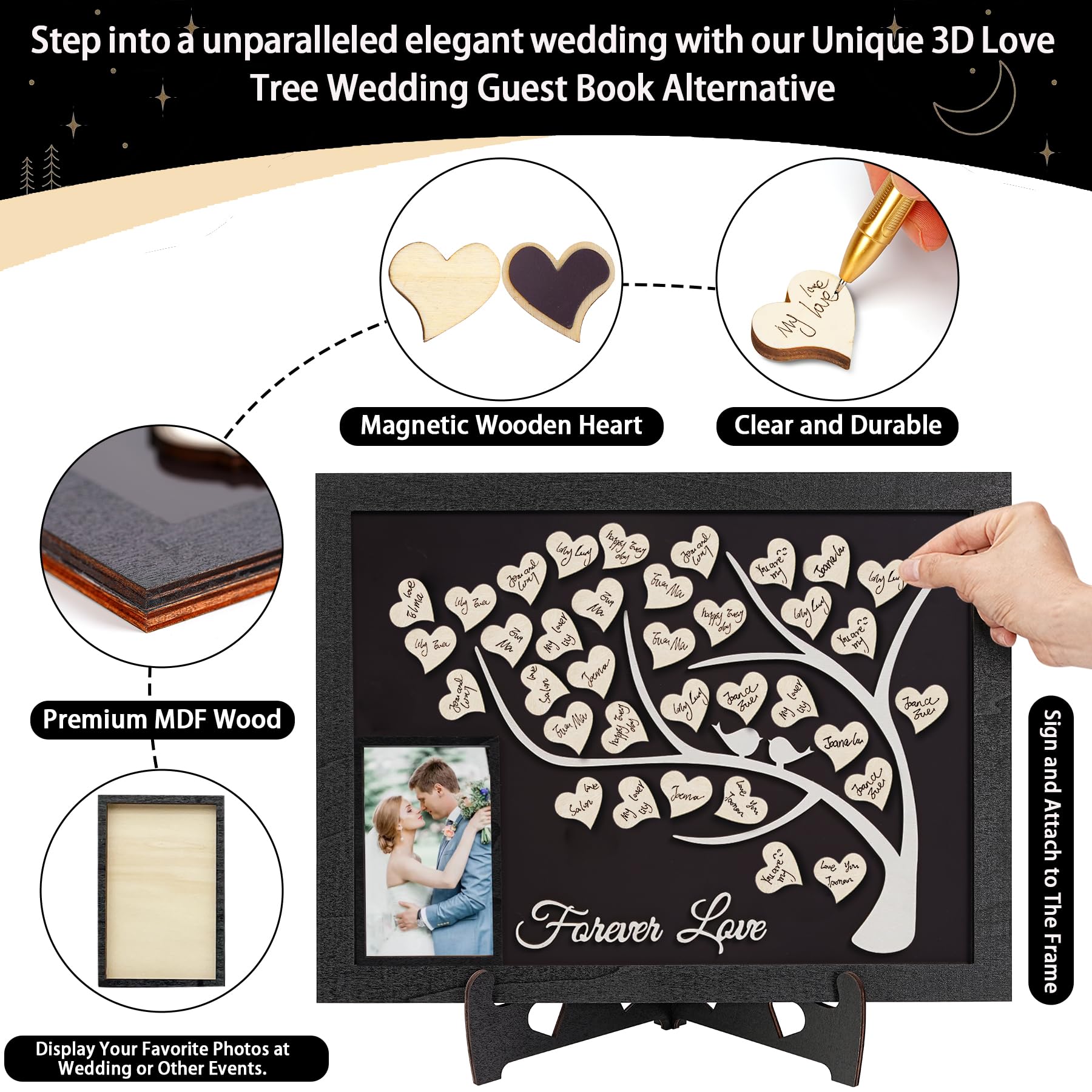JUSGODA Magnetic Wedding Guest Book Alternative, Guest Book Wedding Reception, Wooden Wedding Guest Book with Picture Frame, 70PCS Wooden Hearts for Wedding, Anniversary, Indoor and Outdoor Ceremony