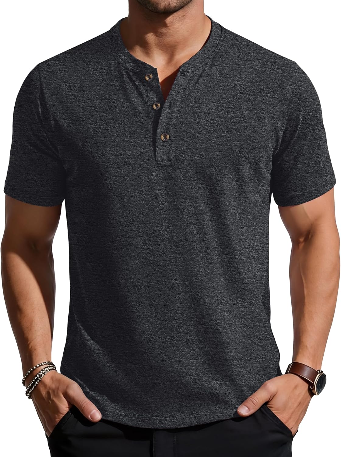 MAGCOMSEN Men's Henley Short Sleeve T-Shirt Cotton Tee | 3 amber buttons, ribbed collar, stretchy lightweight, regular fit, tag-free, machine wash, travel, outdoor and daily wear