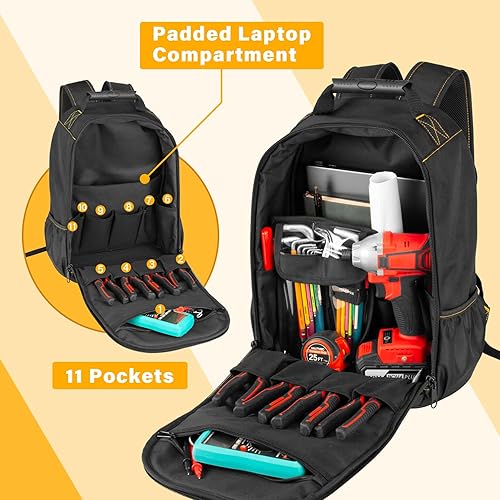 Miniatura 3 de HAUTMEC HTTBM25058 - Mochila de herramientas con compartimento para laptop, bolsa de herramientas Oxford 1680D resistente con base reforzada, 11