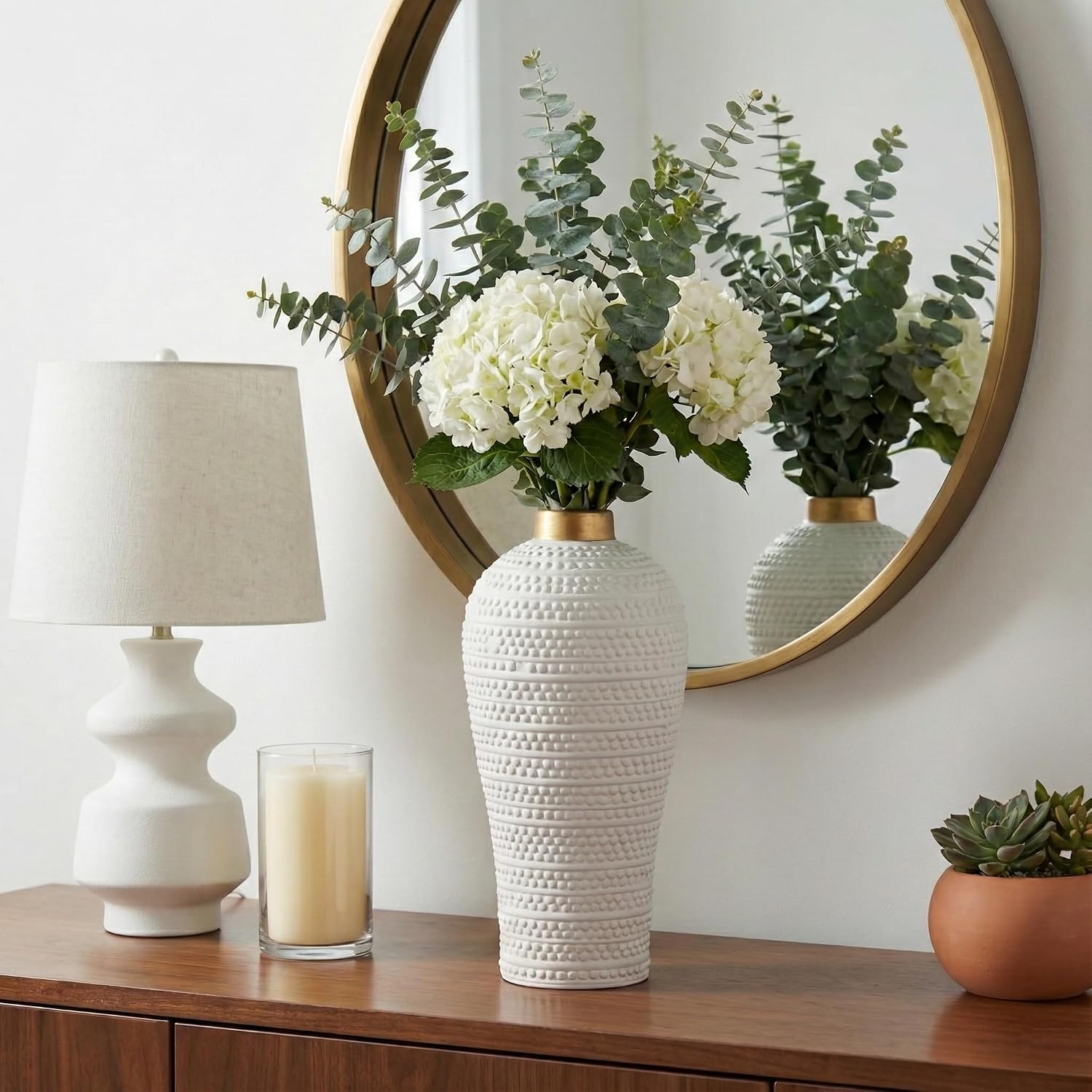 Textured Ceramic Vase with Metal Rim for Living Room and Home Decor - Raised Dot Accent for House, Room and Bedroom Styling - Elegant Flower Vase for Office, and Table Display - 14", White & Gold