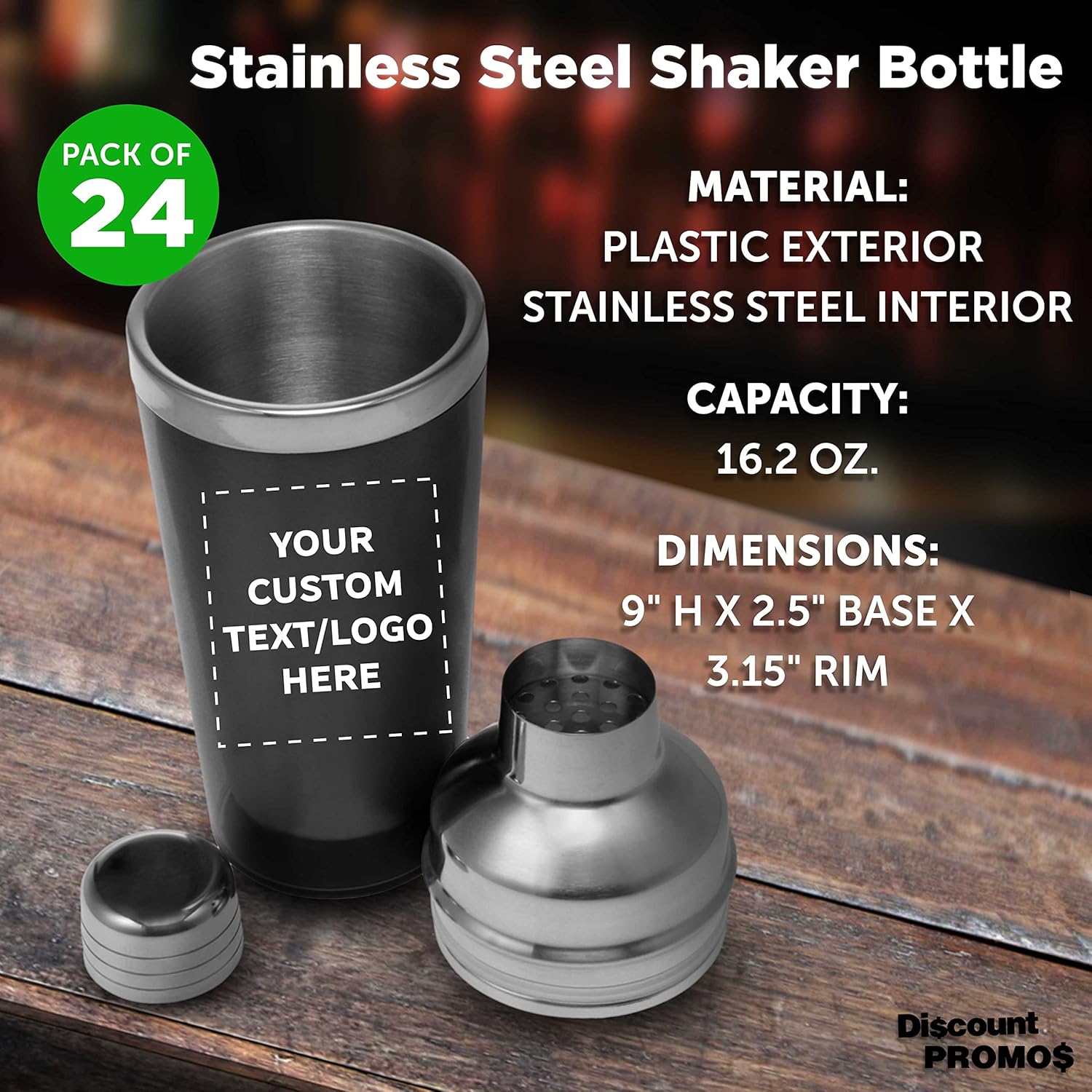 Custom Cocktail Shakers 16.2 oz. Set of 24, Personalized Bulk Pack - Bartender Kit, Perfect for Martini, Cocktails, Other Beverages - Charcoal