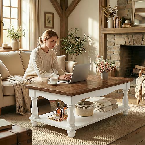 Miniatura 6 de Mesa de centro de granja con almacenamiento, mesas de centro de mediados de siglo para sala de estar, mesa auxiliar rectangular moderna de 2 niveles
