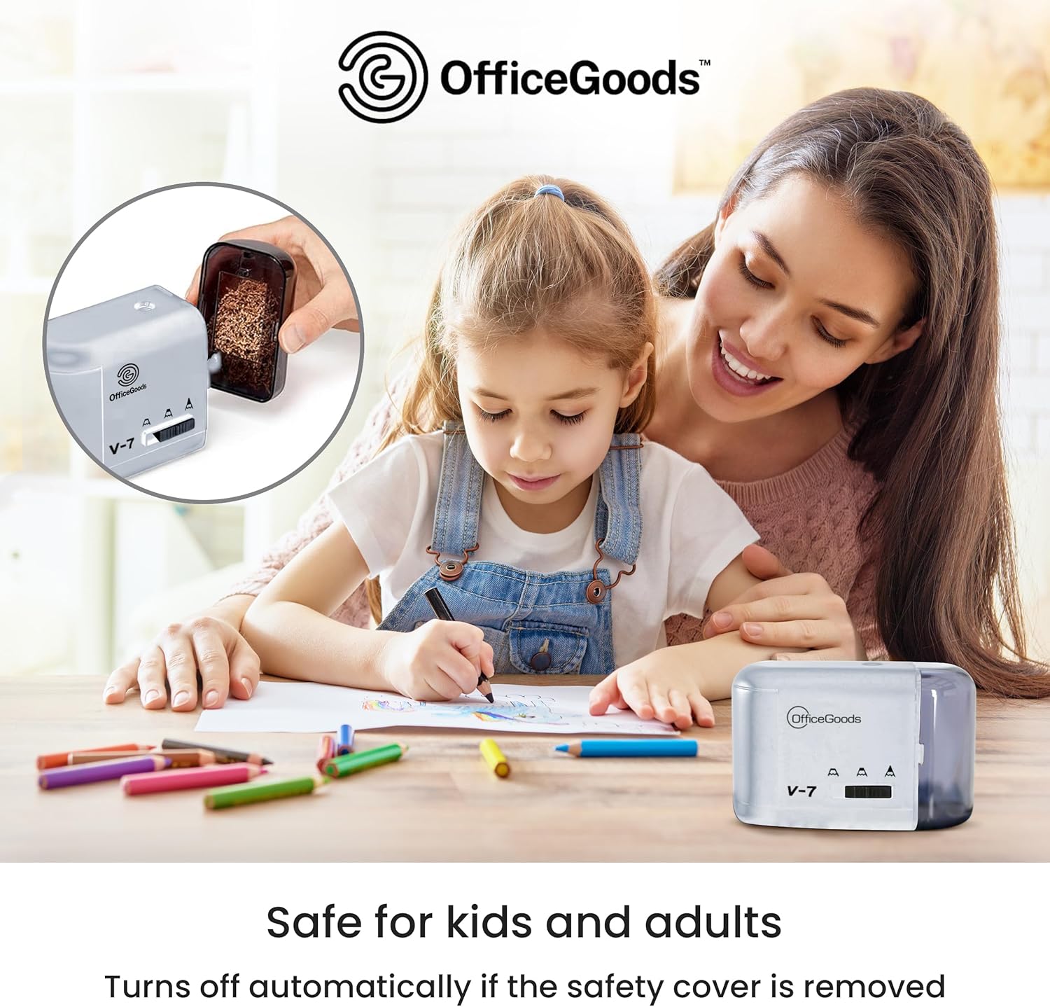 OfficeGoods Electric Pencil Sharpener - Battery or Cord Powered Portable Sharpener - Perfectly Sharpens Colored Pencils, Drafting Pencils for Kids, Adults, Office, School and Home - Silver