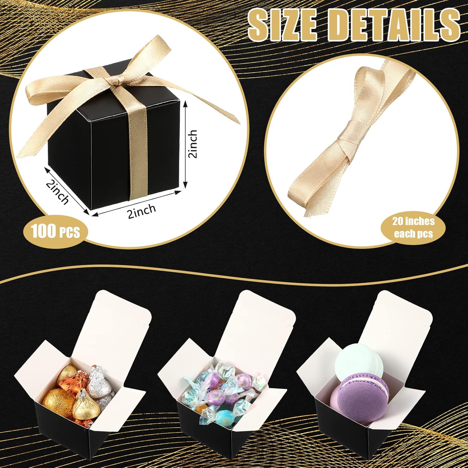 Jutom 100 Pcs Mini Favor Boxes Extra Small Candy Boxes Paper with Gold Ribbon for Baby Shower Birthday Wedding Anniversary Supplies(2 x 2 x 2 Inch,Black) - Image 2