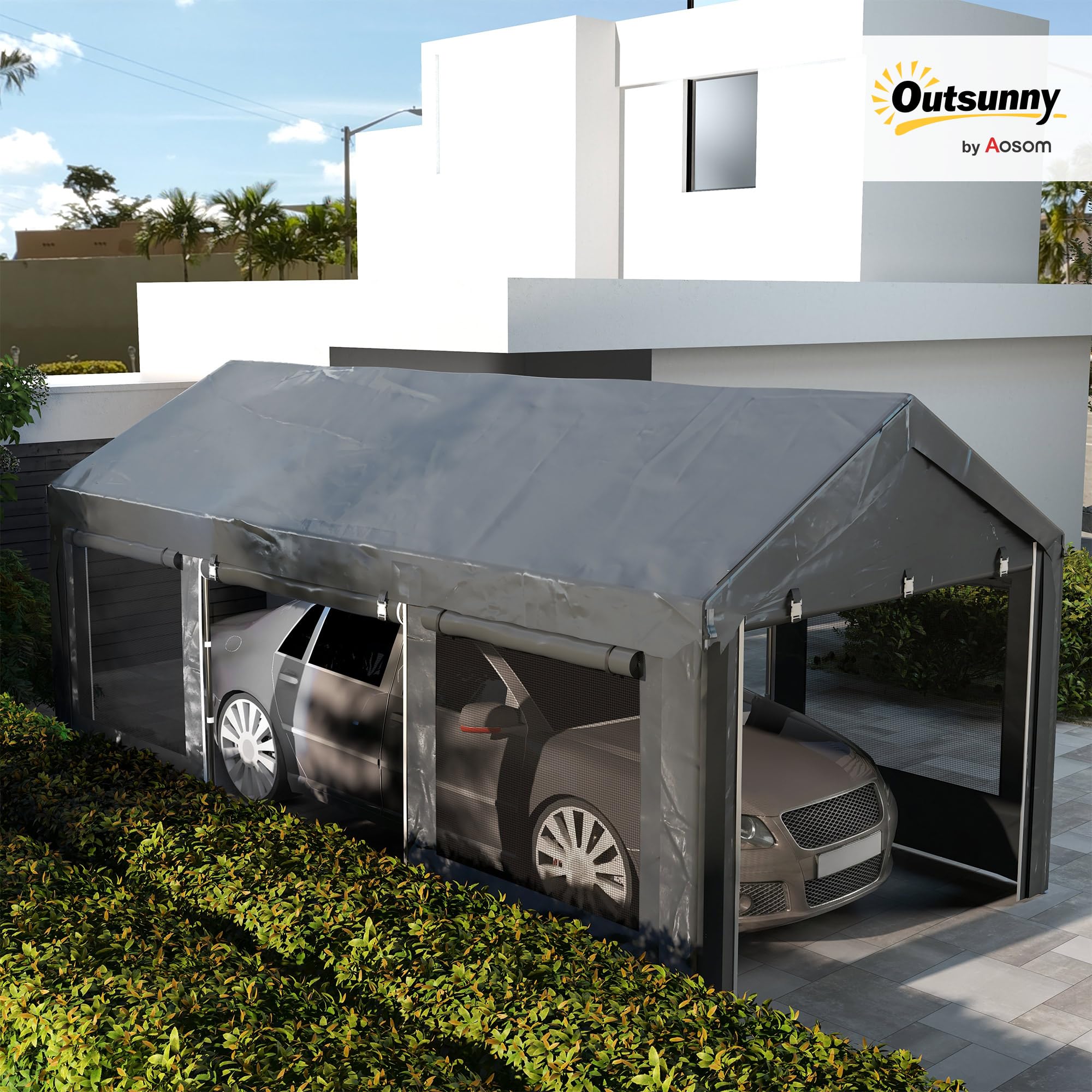 Outsunny Gazebo da Giardino per Auto Carport Regolabile 6x3m Grigio Scuro