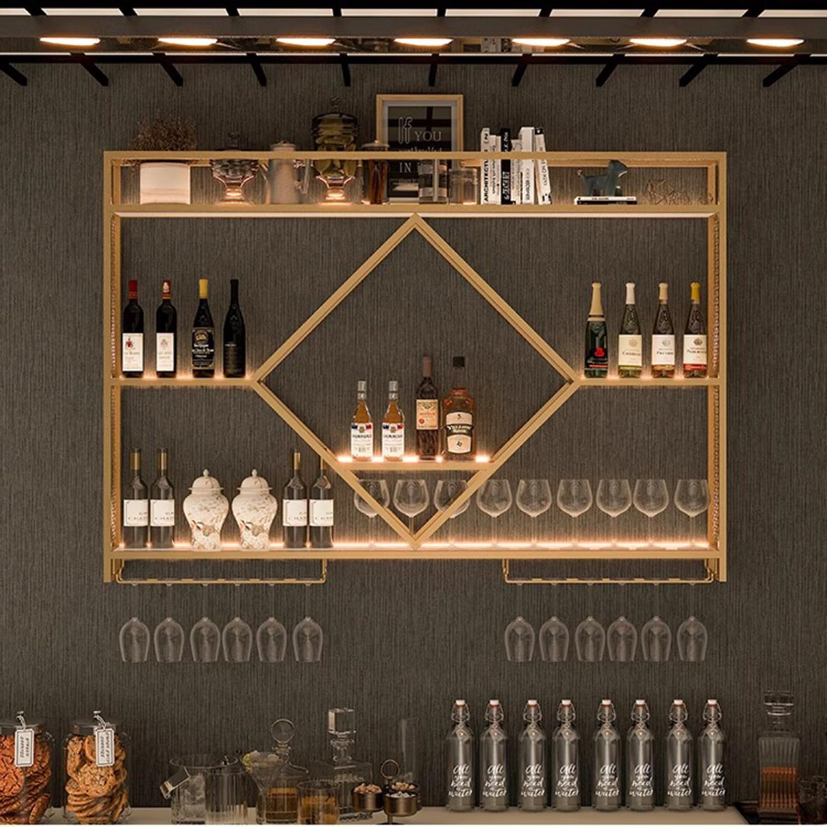 Casier à vin mural 120 x 15 x 80 cm étagère de bar suspendue ronde dorée