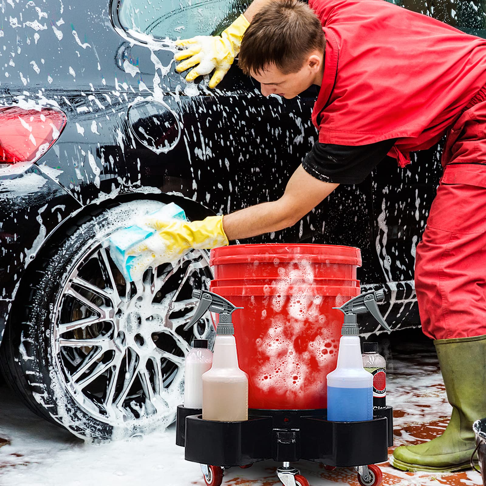 Bucket Dolly Eimerwagen für Auto Handwäsche + Schmutzsieb + Waschhandschuh, 360° Schwenkrollen mit Bremse, Rollwagen Autowäsche Zubehör Autowaschset für Motorradwäsche Autodetailing, Rot
