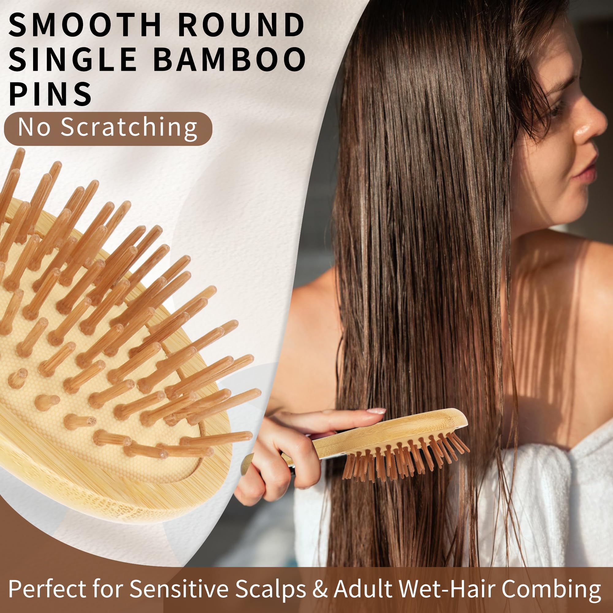 Mini spazzola per capelli in bambù, 2 pezzi, con setole di cinghiale e forcine singole, districante per massaggi, piccole dimensioni da viaggio per capelli spessi/ricci, spazzola tascabile