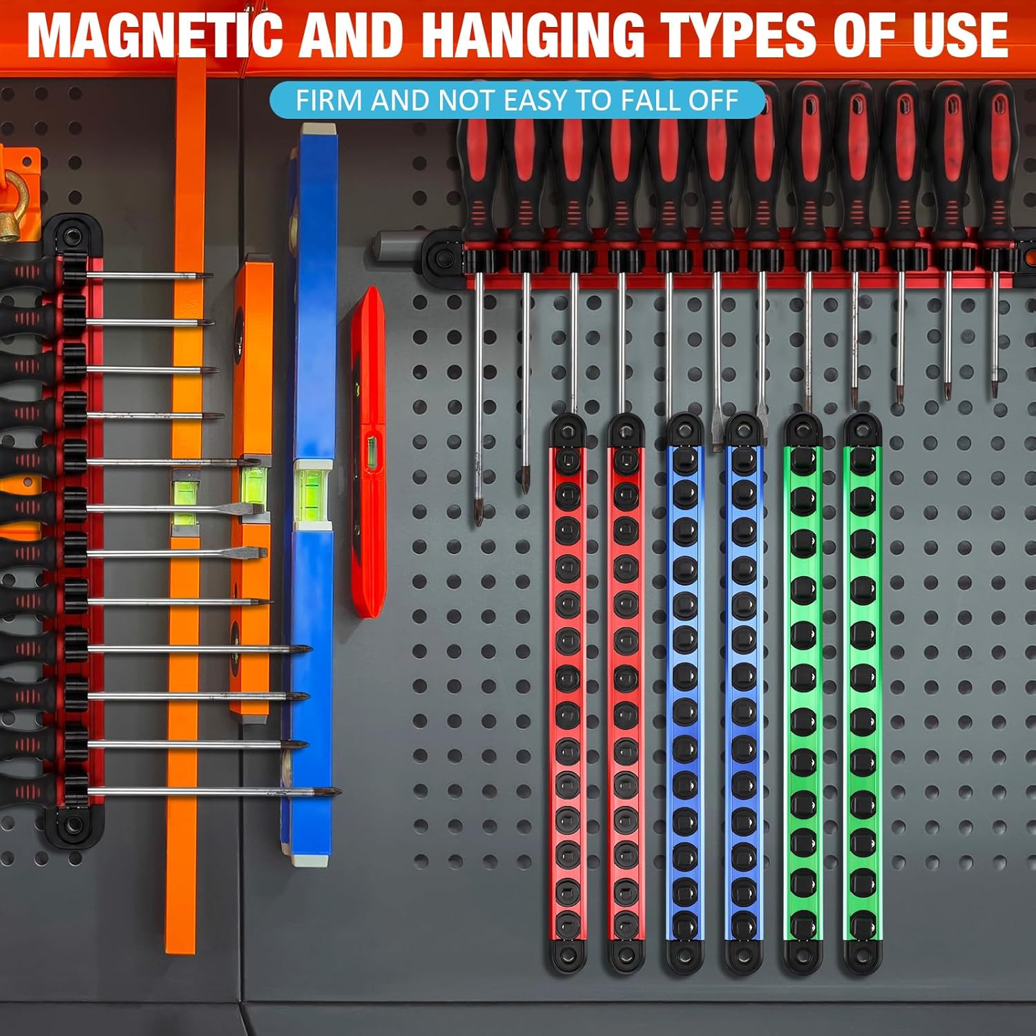 Ceenna 9 Set Magnetic Socket Organizer and Magnetic Screwdriver Organizer 6 Pcs 1/4", 3/8" & 1/2" Socket Rail Trays 3 Pcs Screwdriver and Wrench Holder Aluminum Alloy Tool Holder Red Blue Green