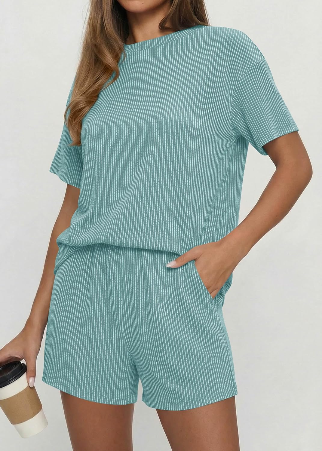 KIRUNDO 2 Piece Sets for Women Summer Shorts Lounge Set Matching Ribbed Knit Short Sleeve Top Airport Travel Vacation Outfits - Image 2