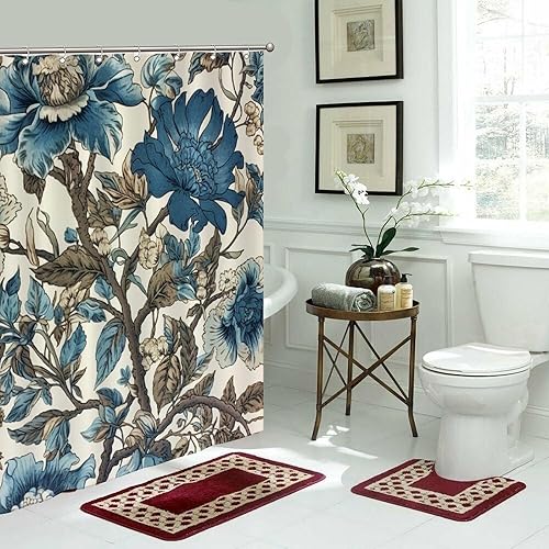 Miniatura 629 de Cortinas de ducha de baño con ganchos, 72 x 92 pulgadas, cortina de ducha de tela impermeable con diseño de flores y pájaros, cortina de ducha