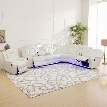 Power Reclining Sectional Sofa, 8 Seat Home Theater Seating with LED Lights, Cup Holders & Storage Console, Faux Leather Recliner Couch and Chair for Living Room Cream White