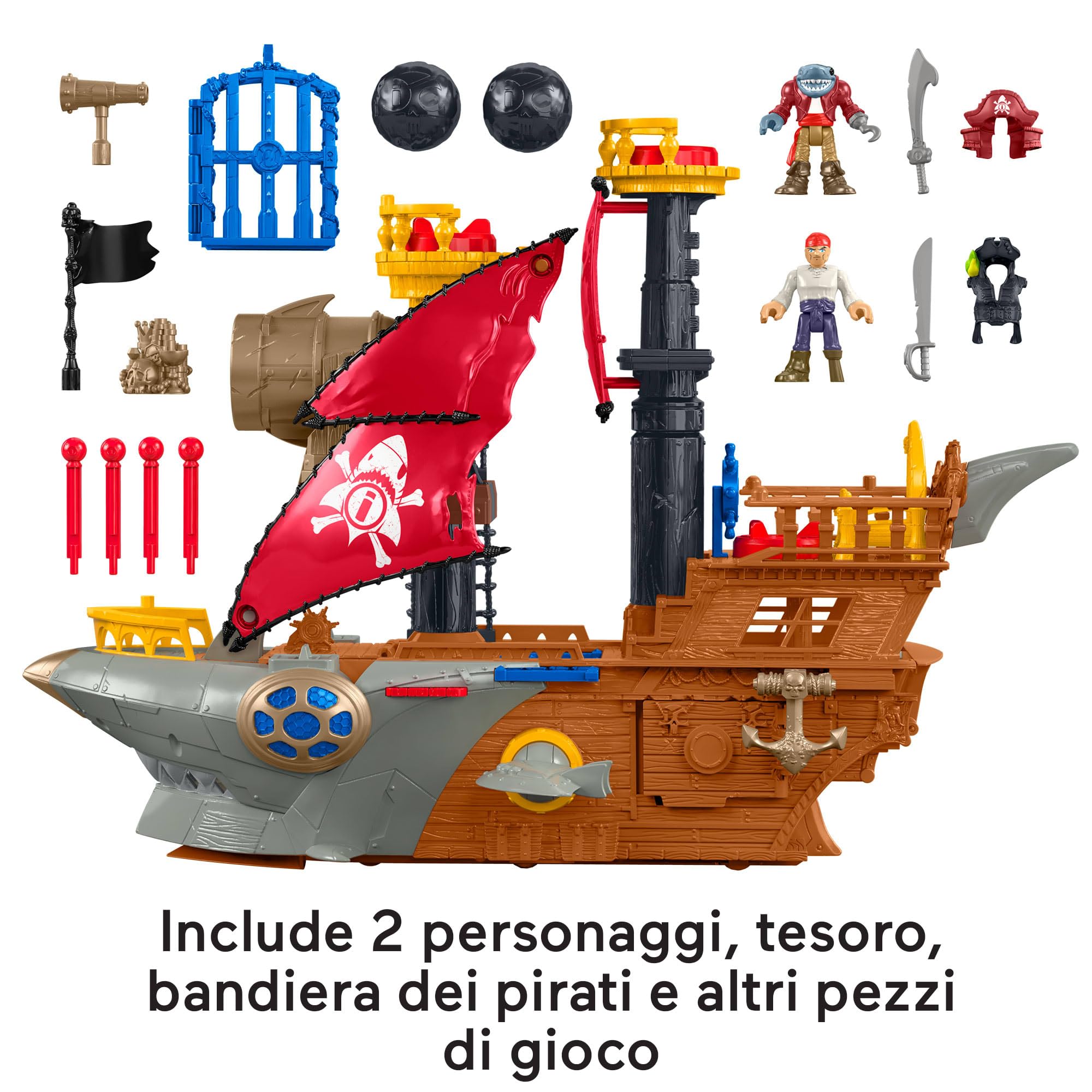 Fisher-Price Imaginext - Squalo-Nave dei Pirati, playset a tema nave e e squalo con 2 personaggi pirata con spade, palle di cannone e accessori, giocattolo per bambini, 3+ anni, HGN68