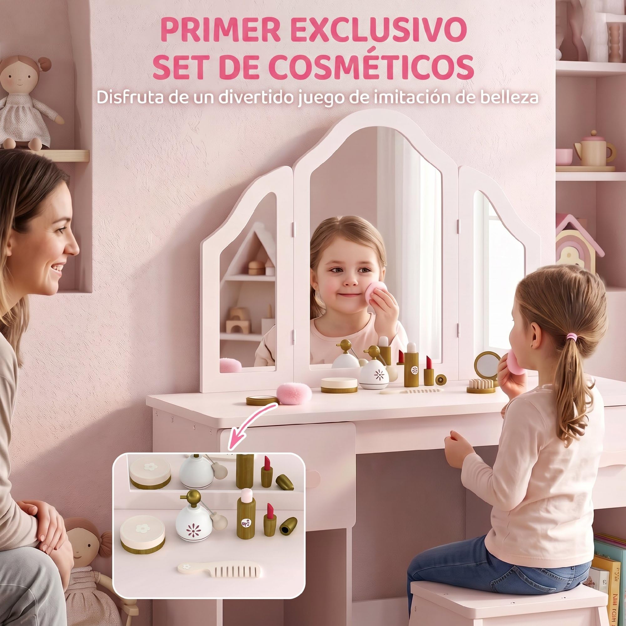AIYAPLAY Tocador para Niñas 2 en 1 con Taburete a Partir de 3 Años Rosa