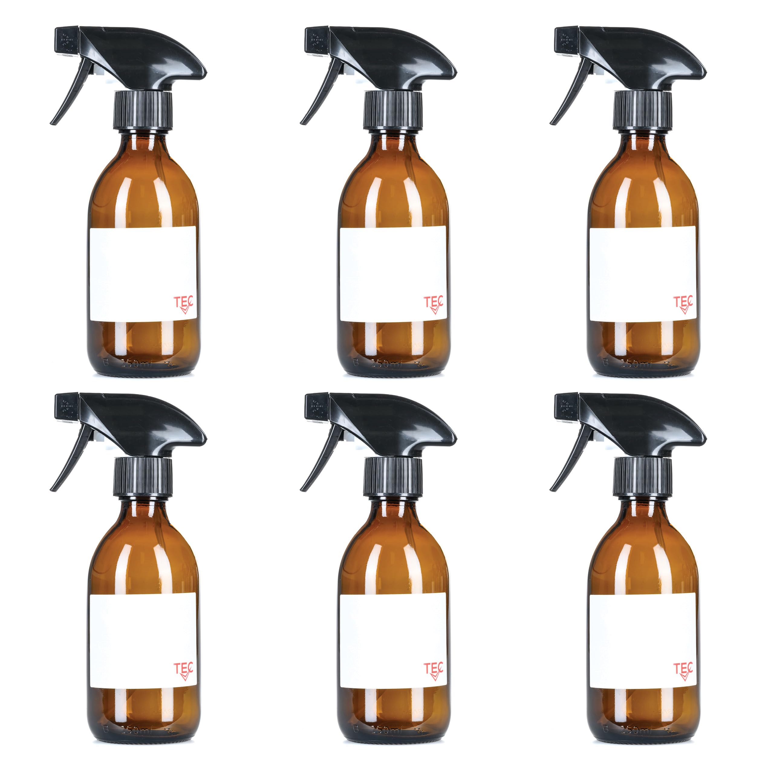 TEC 250ml Spray Bottle Amber Glass 65% Recycled UK Made for Cleaning and Hair Water Oil Gardening Mist Essential Oils Recyclable with Labels Wrapped in Sustainable Paper (6)