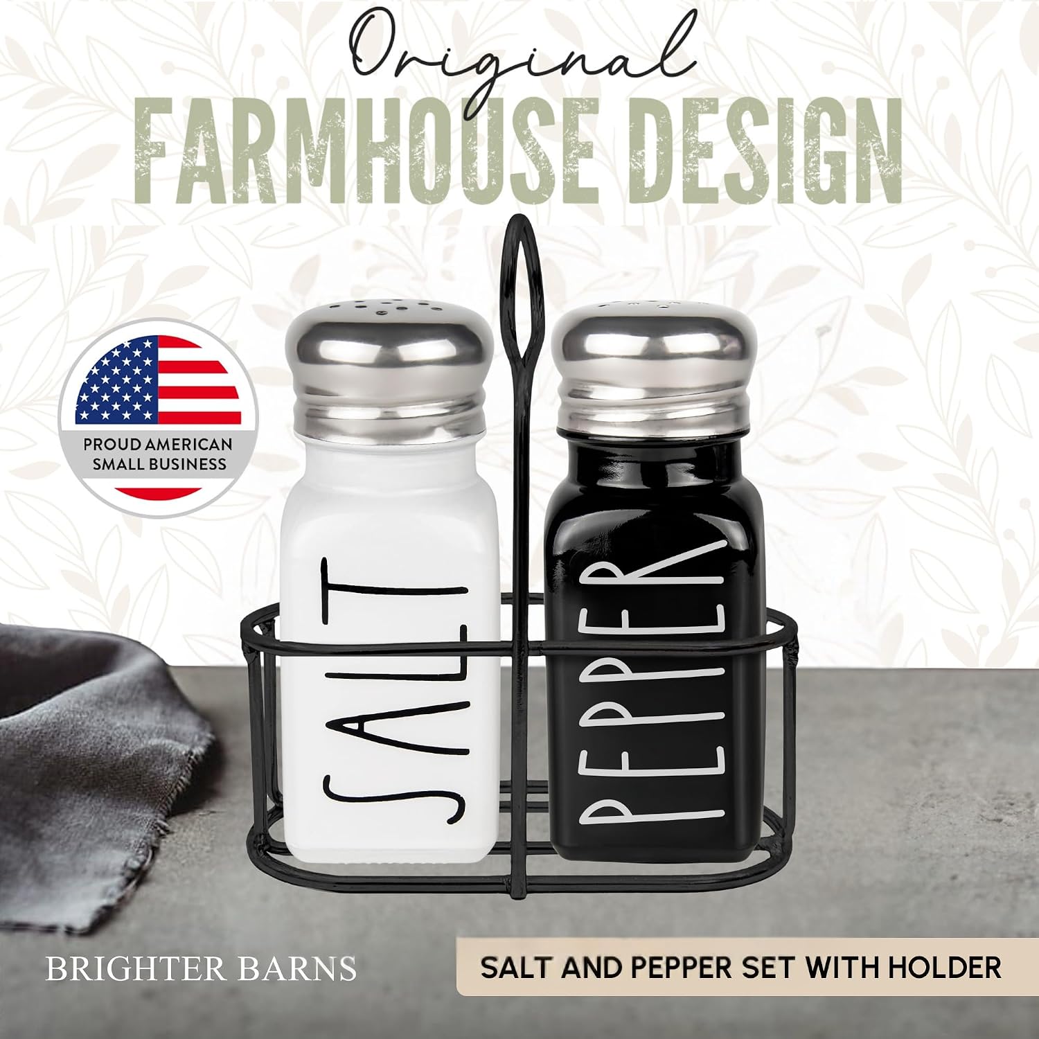 Salt and Pepper Shakers Set with Holder by Brighter Barns - Cute Modern Farmhouse Kitchen Decor, Table Decor - Vintage Glass Black White Shaker Set with Caddy and Stainless Steel Lids (Black/White) image 4