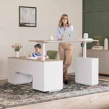 FEZIBO L-Shaped Standing Desk with Drawers and Shelves, Electric Standing Desk Adjustable Height, Executive Computer Desk 63 inch Light Walnut