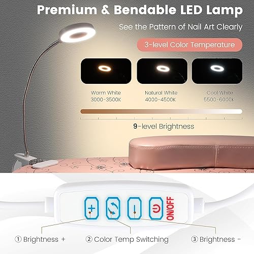 Miniatura 2 de GOFLAME Mesa de manicura para uñas, escritorio plegable para técnico de uñas con ventilación eléctrica descendente, lámpara LED flexible,