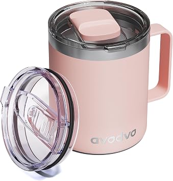 12oz Insulated Coffee Mug with Lid Includes Two Lids, Stainless Steel Coffee Travel Mug with Handle, Double Wall Vacuum Insulated Camping Mug for Home, Office & Outdoor, Light Pink