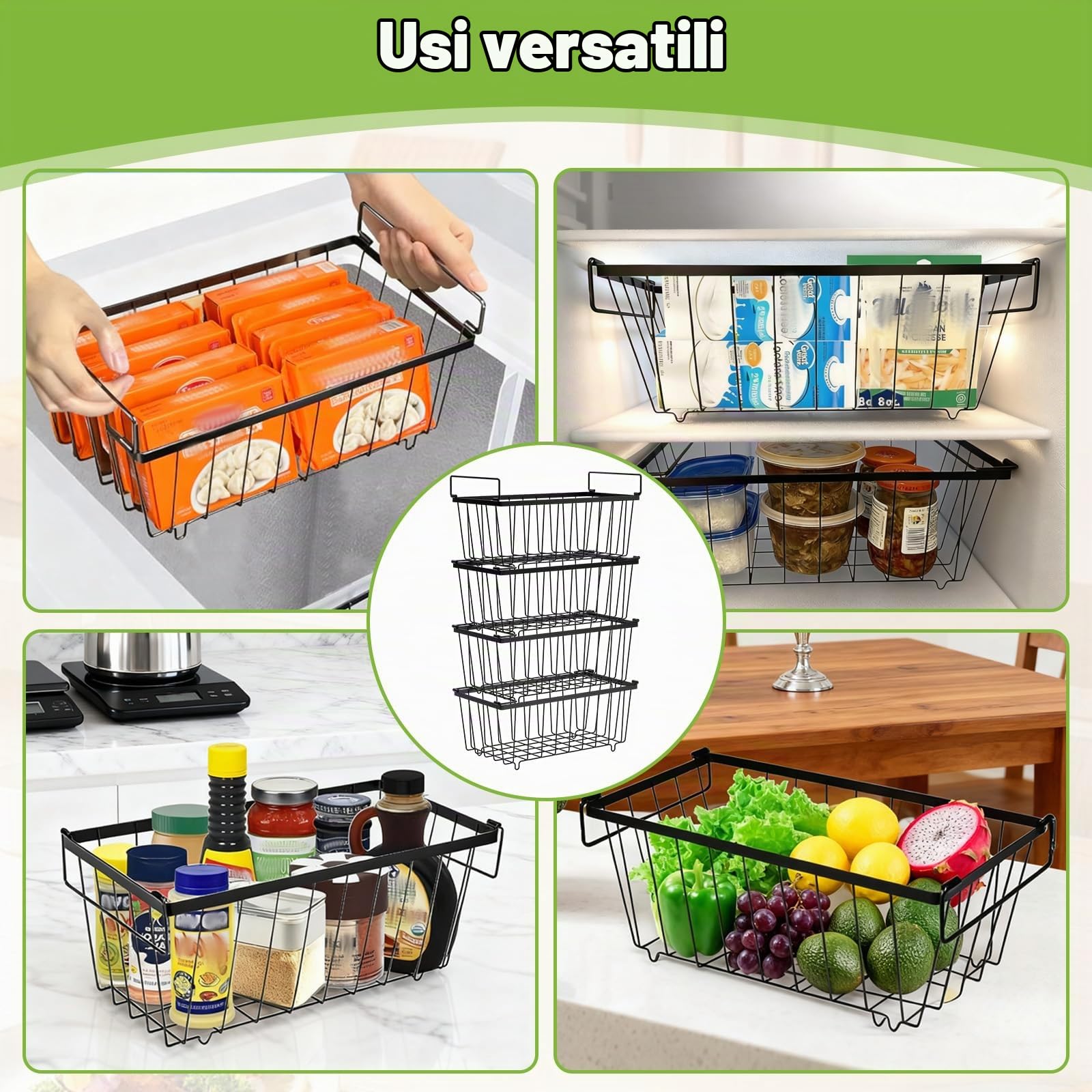 4 Cesti Congelatore con Manici, Contenitori Organizer Congelatore Pozzetto Filo Metallico Impilabile, Cesto Metallo Freezer Cestini Portaoggetti Frigorifero per Facile Accesso Agli Alimenti Surgelati