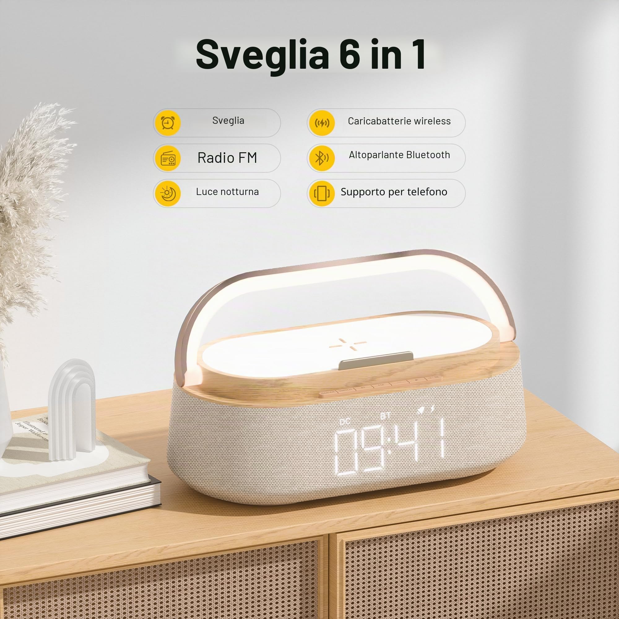 COLSUR Radiosveglia Digitale con Ricarica Wireless, Radio FM Sveglia con Allarme, Bluetooth Speaker, USB Luce Notturna, Display LED