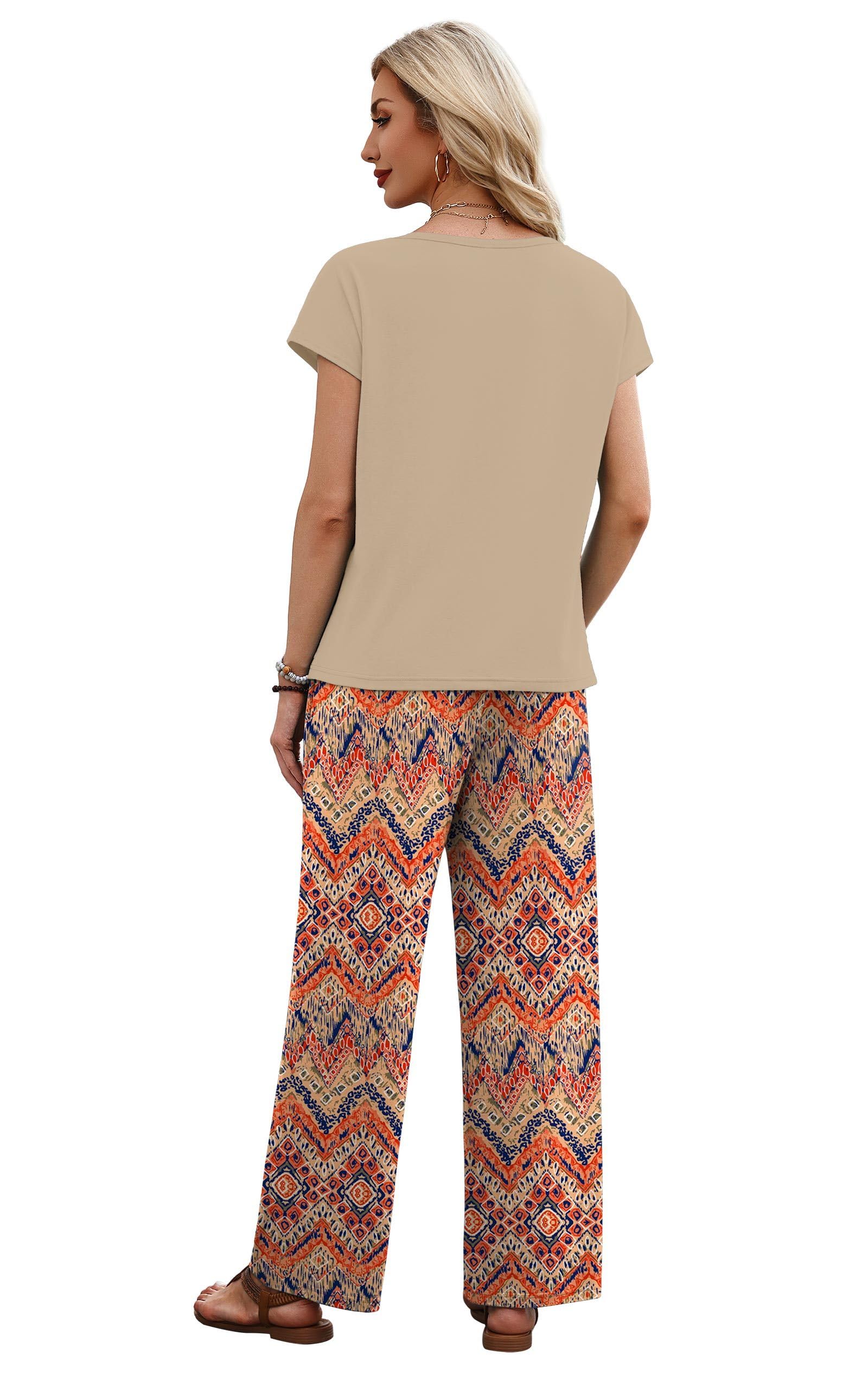 XIEERDUO Women's 2 Piece Sets Summer Beach Vacation Cruise Travel Outfits Printed Wide Leg Pant V Neck Cap Sleeve Tops — view 3