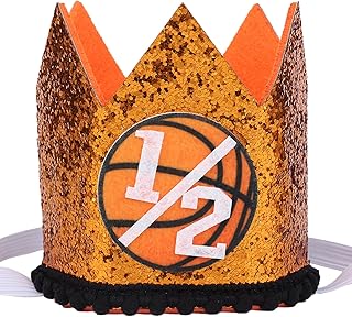 Basketball 1/2 Birthday Glitter Hat, Baby Boys Half Birthday Crown Orange, 6-Month Sports Theme Party Photo Props Decorations Supplies Favors