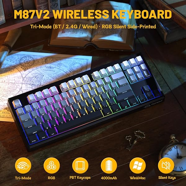 FREEWOLF M87V2 Wireless Gaming Keyboard, Tri-Mode BT/2.4G/cablata, silenziosa e delicata, 4000 mAh, tasti con stampa laterale, QWERTY US, anti-ghosting, 16 m RGB, per Mac/Win - 2