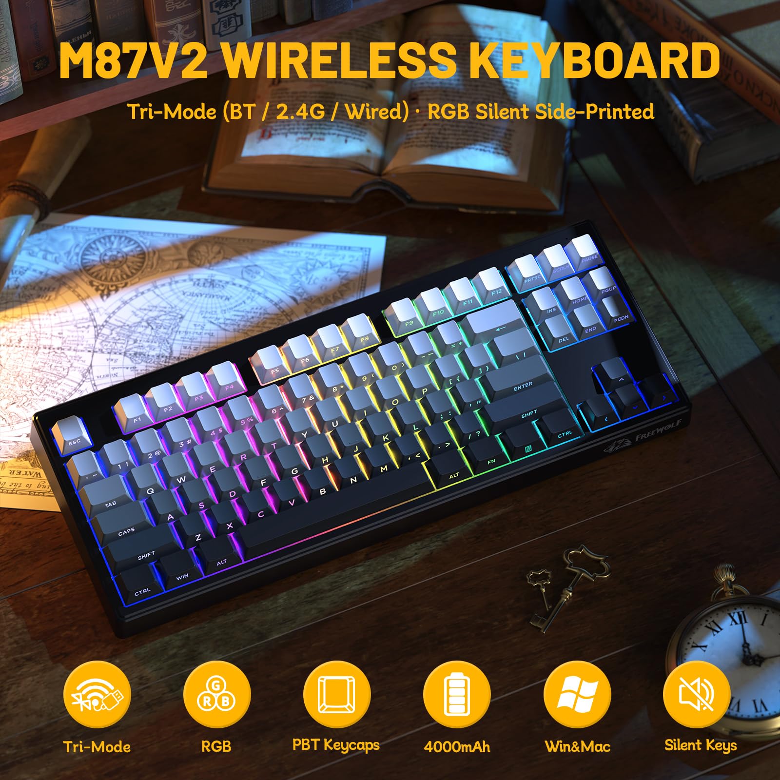 FREEWOLF M87V2 Wireless Gaming Keyboard, Tri-Mode BT/2.4G/cablata, silenziosa e delicata, 4000 mAh, tasti con stampa laterale, QWERTY US, anti-ghosting, 16 m RGB, per Mac/Win