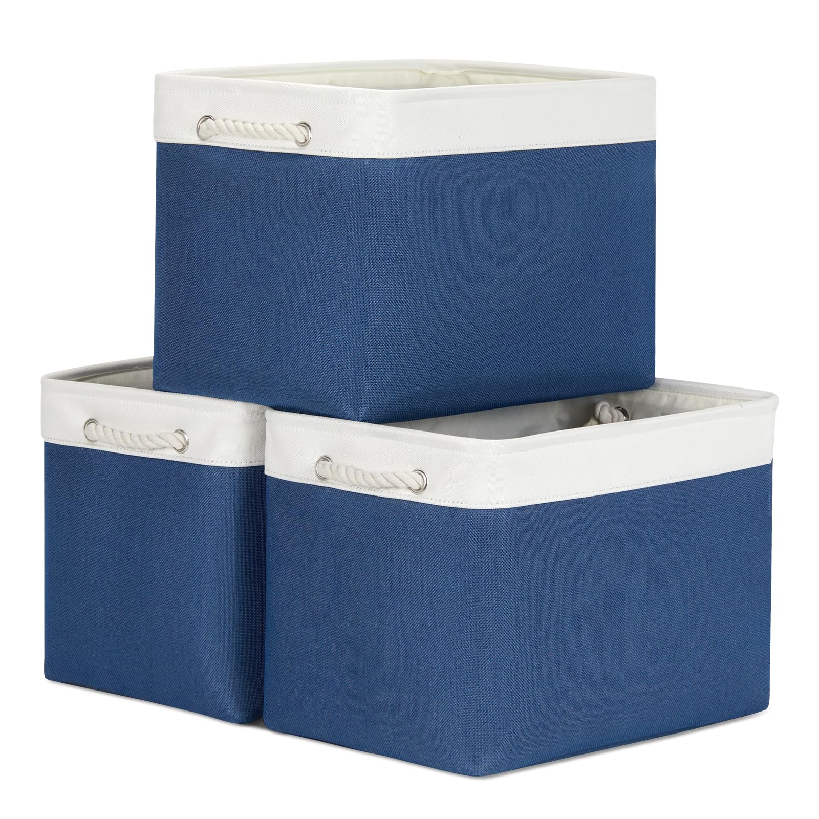 Bidtakay Large Storage Baskets for Shelves 3 Pack Fabric Storage Bins for Organizing Navy Blue Decorative Baskets Linen Collapsible Organizer for