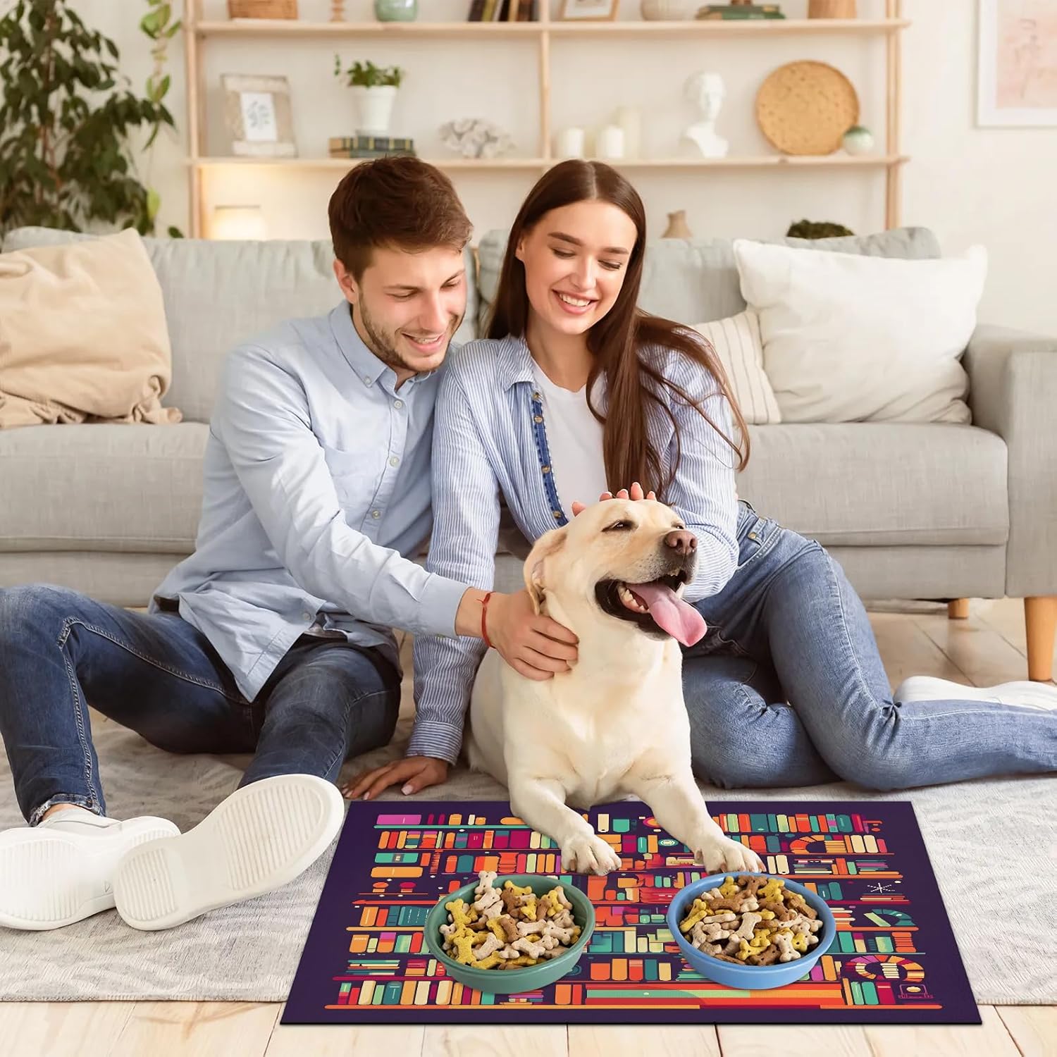 Hexteria Colorful Bookshelf Print Dog Food Mat Absorbent Quick Dry Pet Feeding Mat for Food and Water Bowl Non Slip Placemat for Dogs Cat, Easy to Clean,24 x 32 in