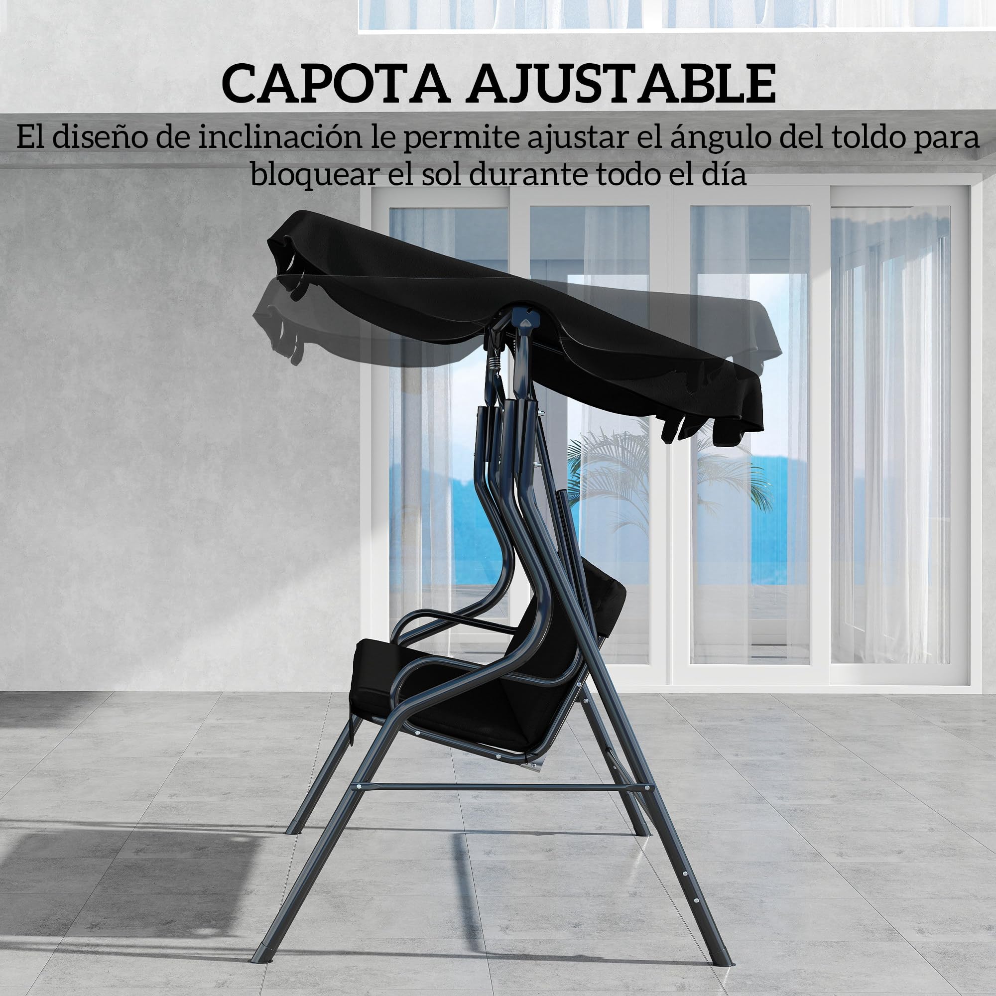 Outsunny Columpio de Jardín de 2-3 Plazas Impermeable 170x110x153 cm Negro | Balancín de Exterior, Toldo Ajustable en Ángulo, Marco de Acero, para Patio, Balcón