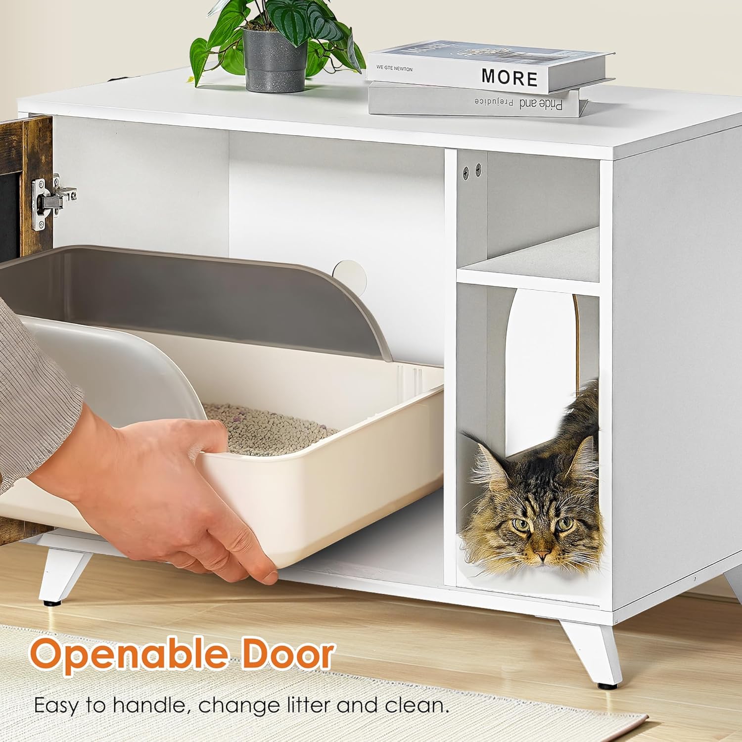 Litter Box Enclosure, Modern Hidden Cat Litter Box Furniture with Scratching Pad, White with Vintage Color Door Frame, Enclosed Cat Litter Box for Living Room