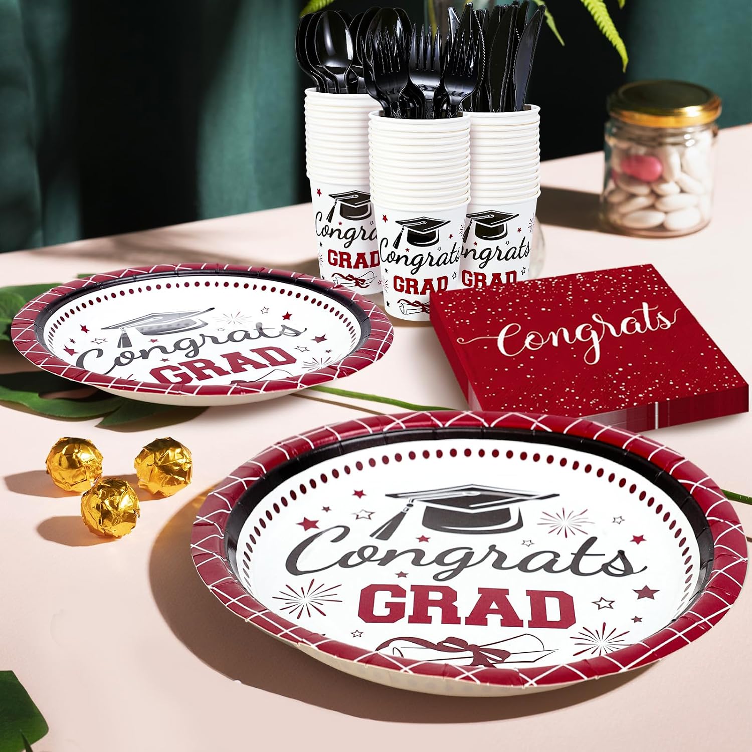 Whaline 175 Pcs Graduation Paper Plates and Napkins Set Dinnerware Maroon Congrats Grad Disposable Tableware Cups and Cutlery for 25 Guests Graduates Party Supplies